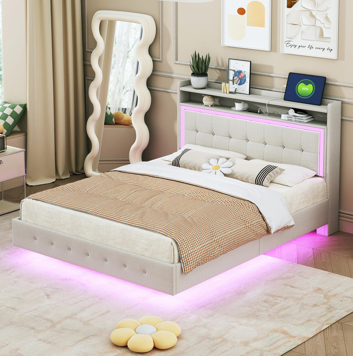 POLSTERBETT mit USB und LED 140x200 cm Leinen Beige - Beige, Holz (140/200cm) - Meubliv