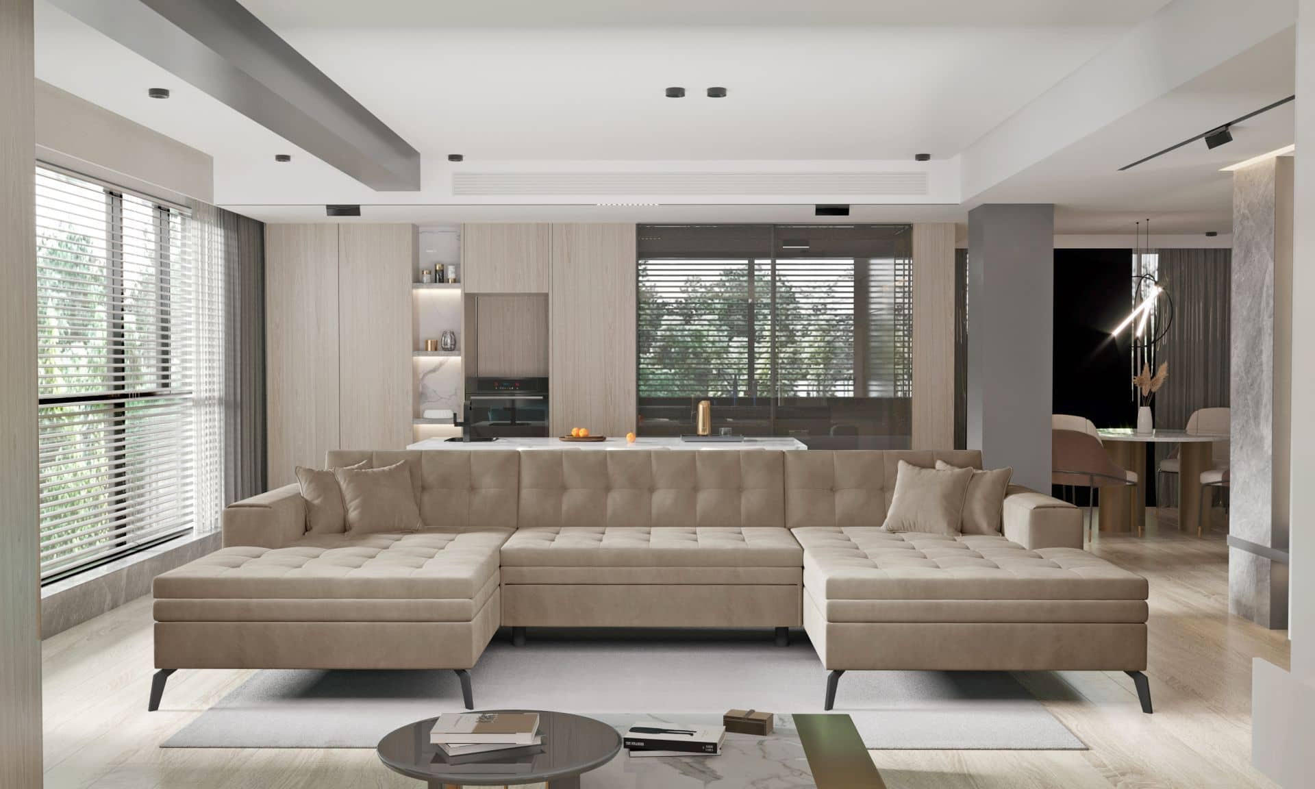 WOHNLANDSCHAFT mit Schlaffunktion, luxus Nube-Stoff - Beige/Schwarz, Textil/Metall (350/93/170cm) - Eltap