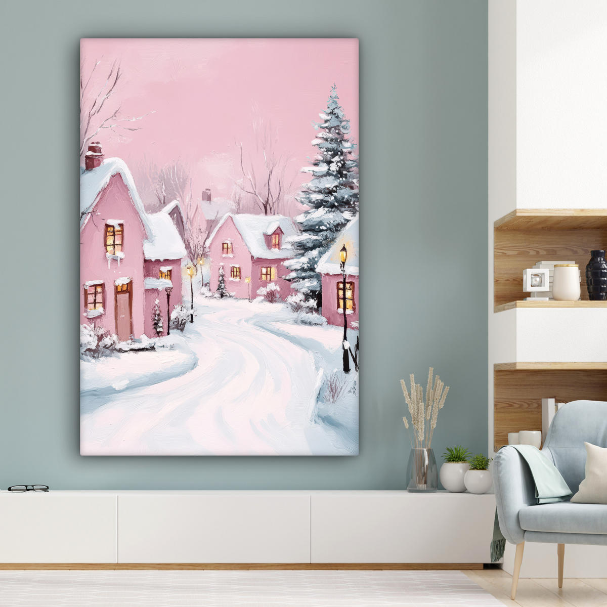 SLIKA NA PLATNU Božična vas 90x140 cm - starinsko roza, tekstil (90/140cm) - MuchoWow
