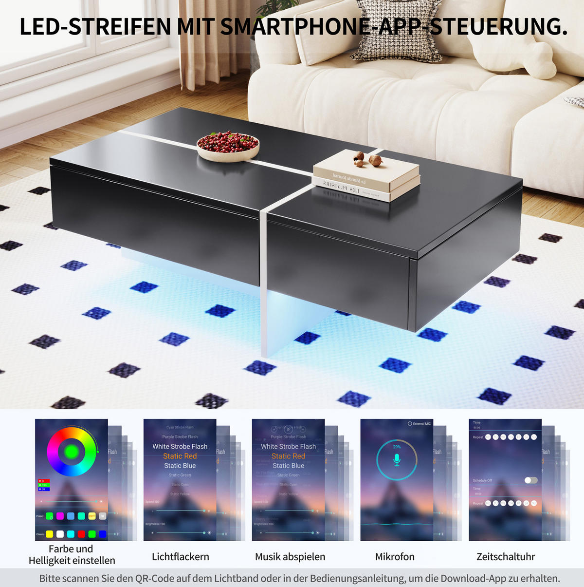 COUCHTISCH 100/50/34.5 cm schwarz aus Spanplatte mit LED-Beleuchtung und 3 Schubladen - Schwarz, Holzwerkstoff (100/50/34.5cm) - OKMYHOME