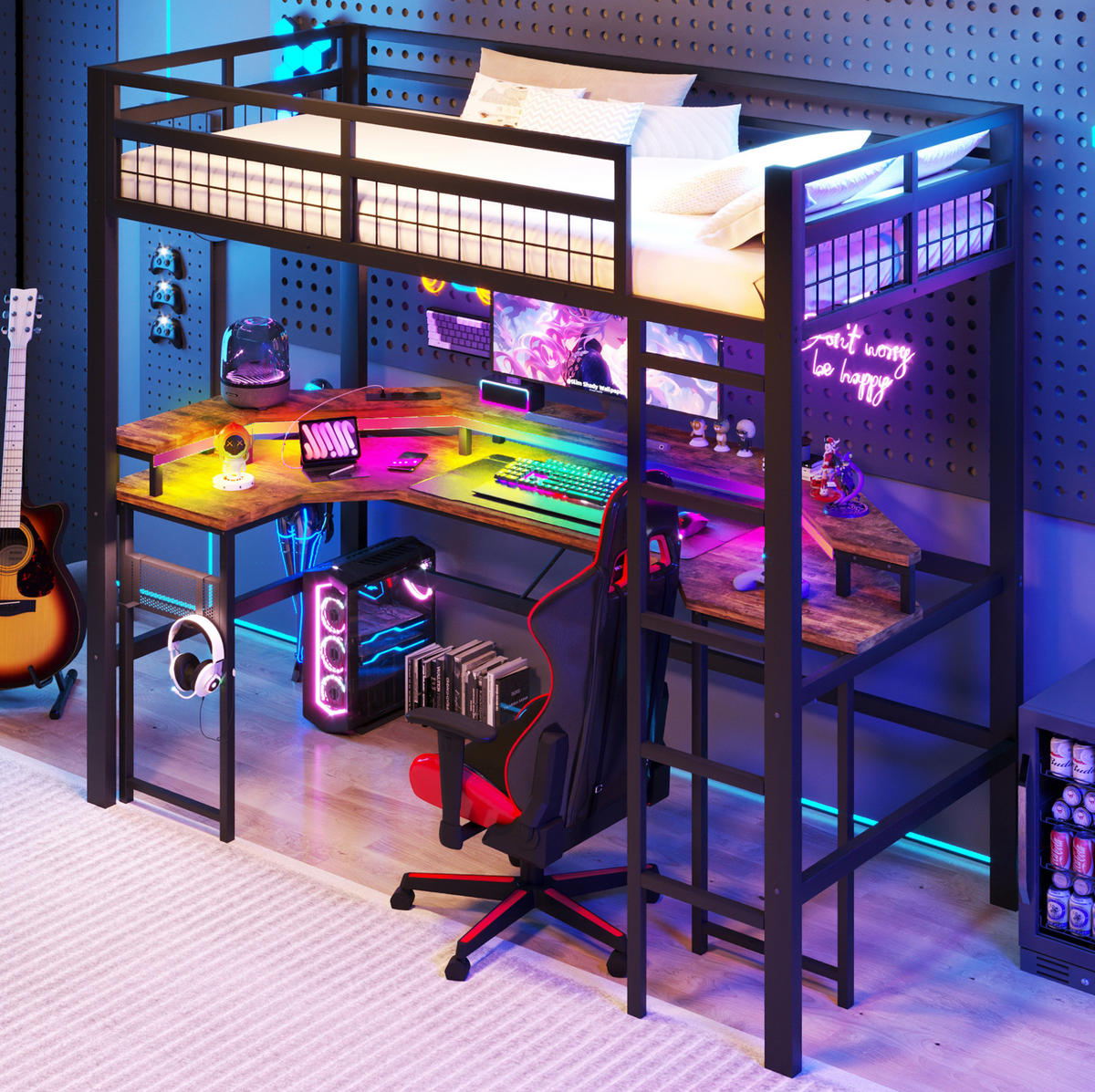 HOCHBETT mit Schreibtisch 90/200 cm in Schwarz – mit LED-Lichtleiste und Ladeanschlüssen - Schwarz, Metall (90/200cm) - BEAOK