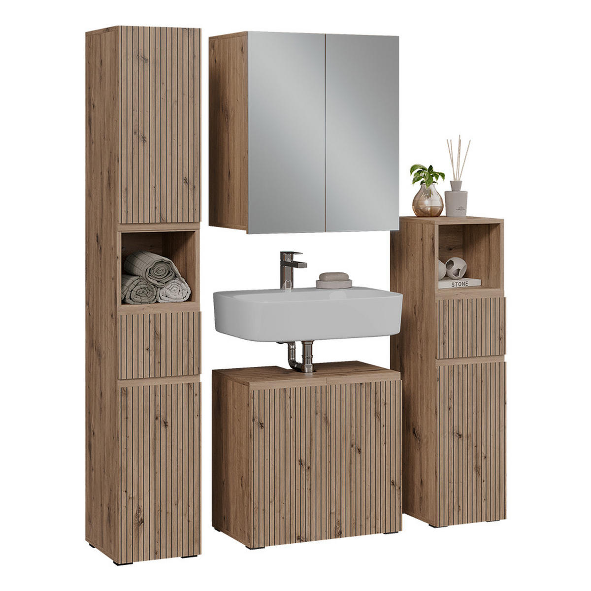 BADMÖBEL-SET Takumi Artisan 4 Teile - Hellgrau, Holzwerkstoff (60/58/35cm) - Vicco