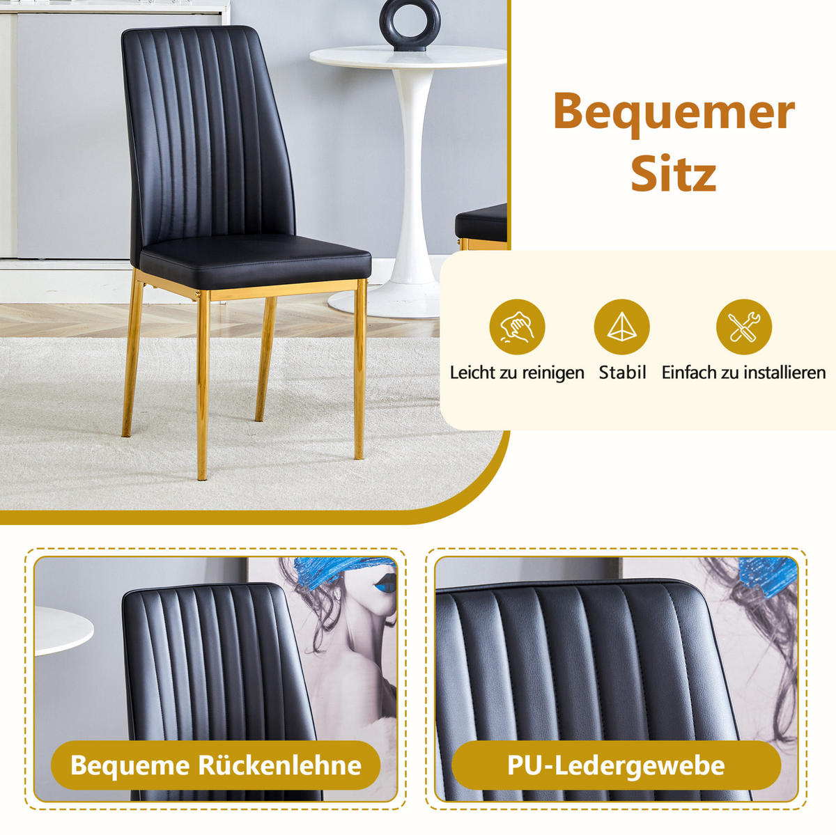 ESSTISCH-SET 4er-Set 160 cm Schwarz/Gold - Schwarz, Metall (90/76/160cm) - Meubliv
