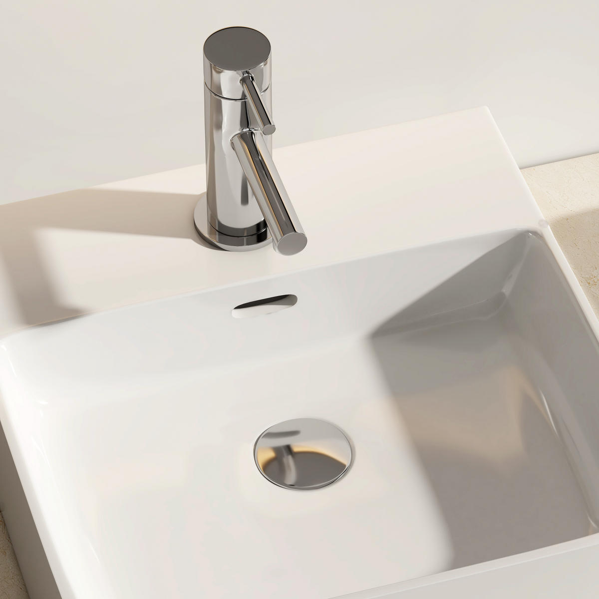 WASCHBECKEN mit 1 Hahnloch, Überlauf und Hahnlochbank, Weiß 42,5/41,5/12,5 cm - Weiß Hochglanz, Keramik (41.5/12.5/42.5cm) - EMKE