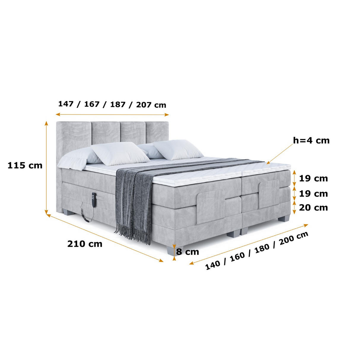 BOXSPRINGBETT elektrisch verstellbar mit 2 Matratzen H4/Taschenfederung ROKS EL 200 x 200 Grau - Grau, Holzwerkstoff (207/200cm) - ALTDECOR