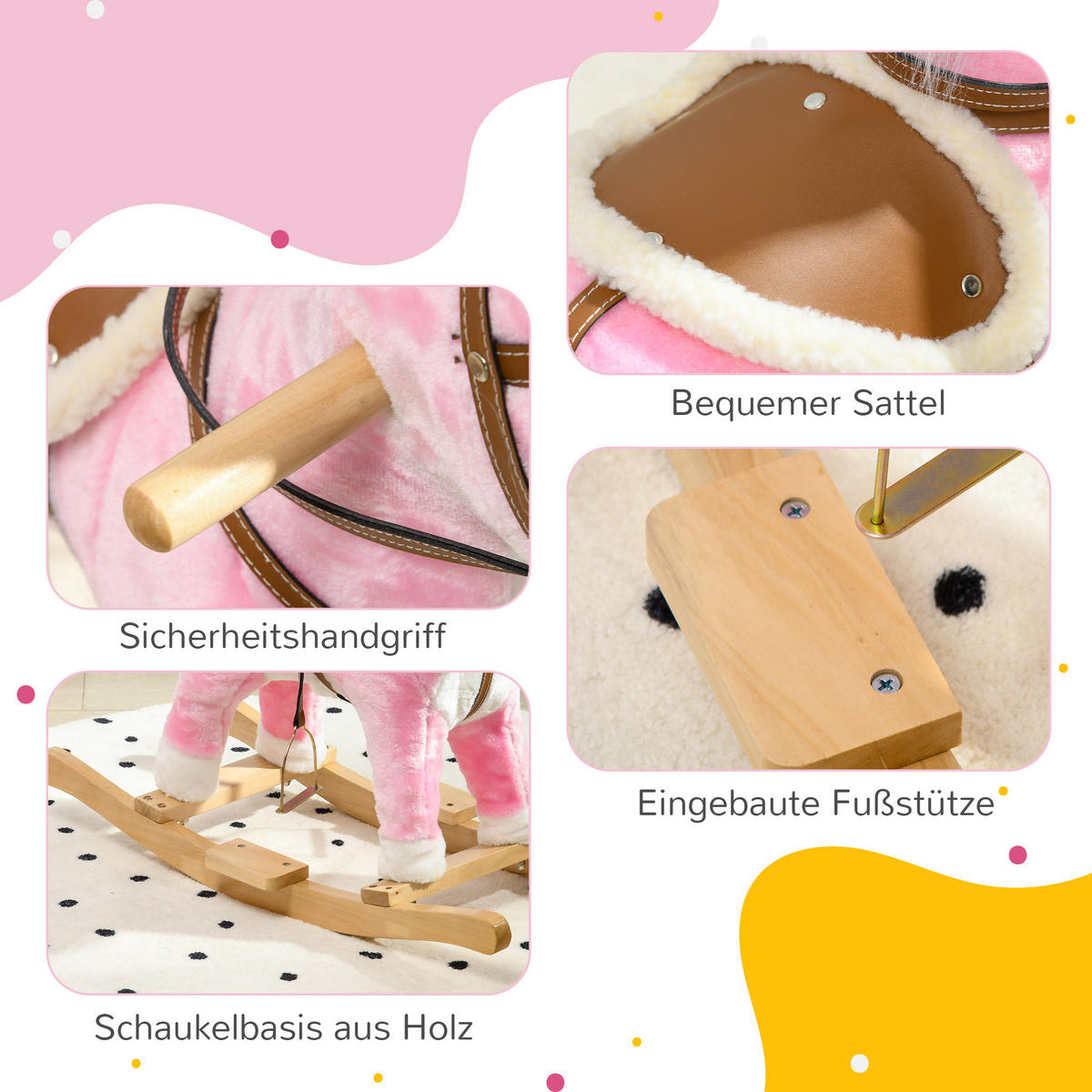 KINDER SCHAUKELTIER, Rosa, Pappelholz+ Plüsch (100% Polyester) - Rosa, Holz (26/62/68cm) - HOMCOM