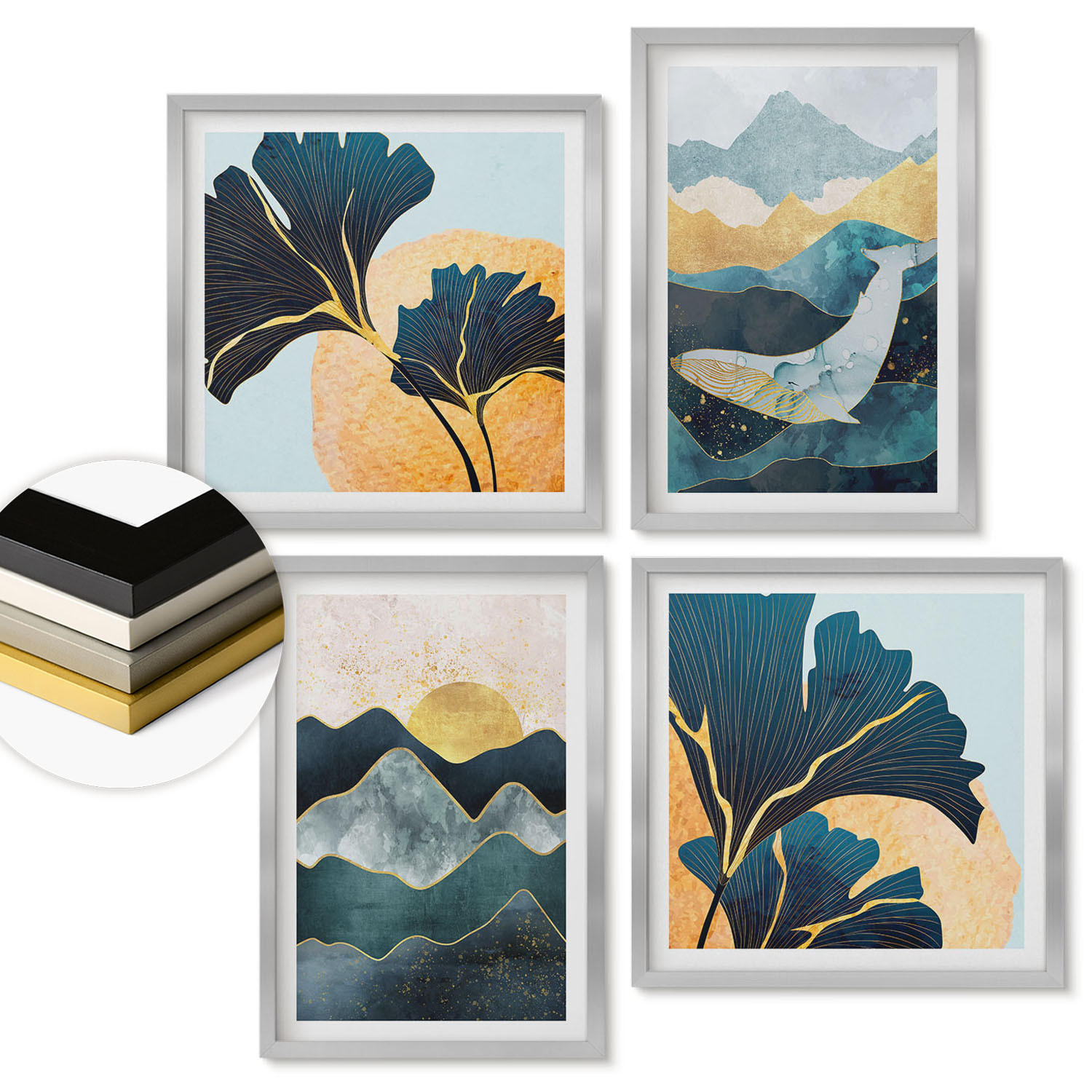 WANDBILDER 4er Set - 50x50 cm & 40x60 cm Silberner Rahmen - Abstrakte ästhetische Berge - Silberfarben, Kunststoff (50/50cm) - ArtPrintCave