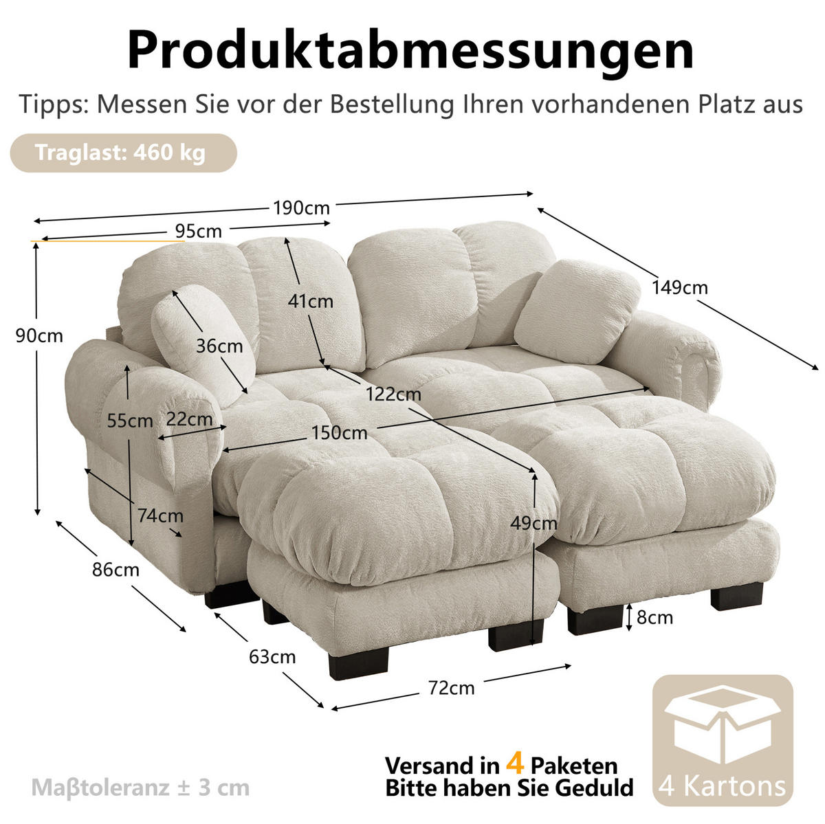 SOFA 190/149/90 cm in Hellkhaki aus Chenille mit modularer U-Form - Sandfarben, Textil (149/90/190cm) - Flora Grace