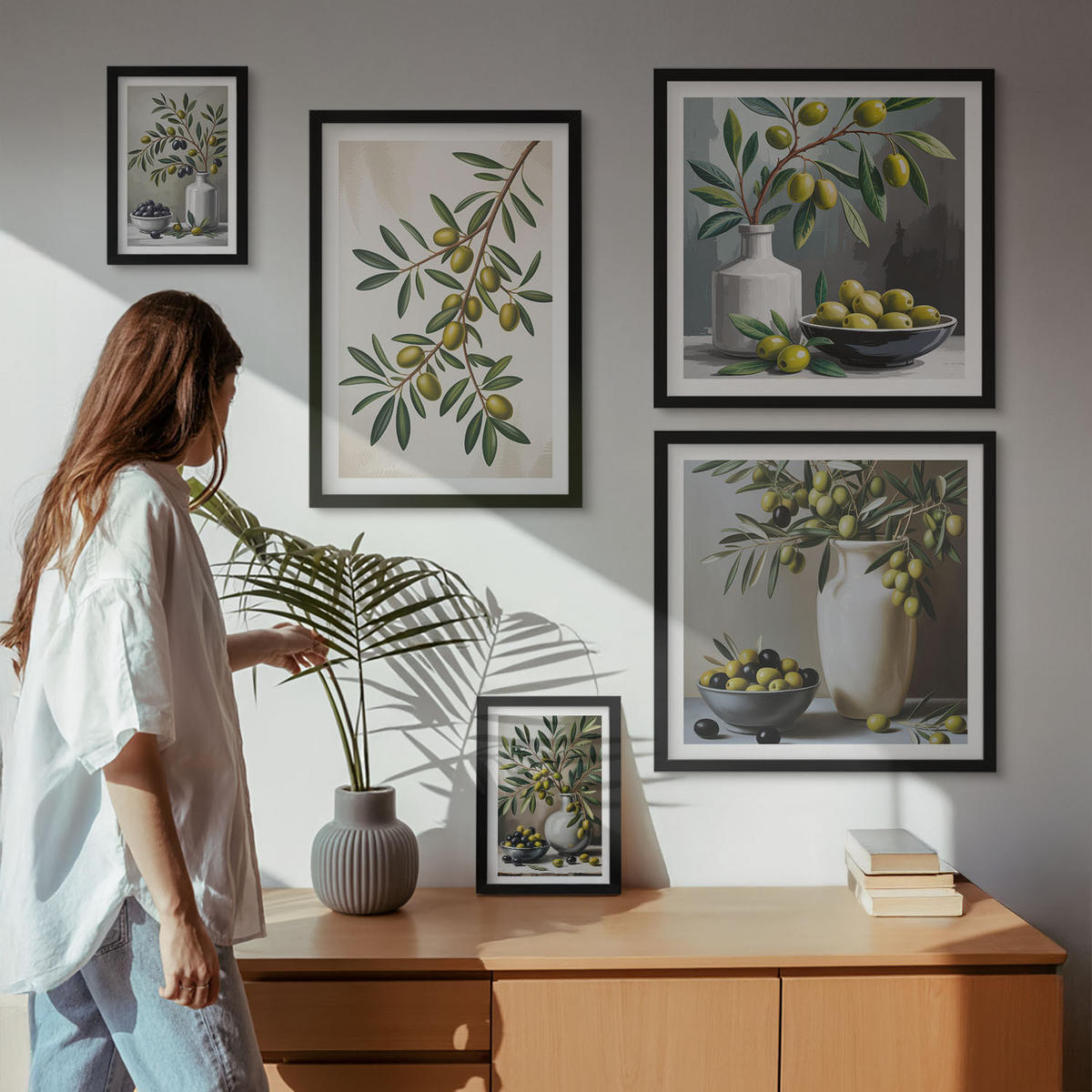 WANDBILDER 5er-Set - 50x50 cm & 20x30 cm & 40x60 cm Schwarzer Rahmen - Oliven in grauen Vasen - Schwarz, Kunststoff (40/60cm) - ArtPrintCave