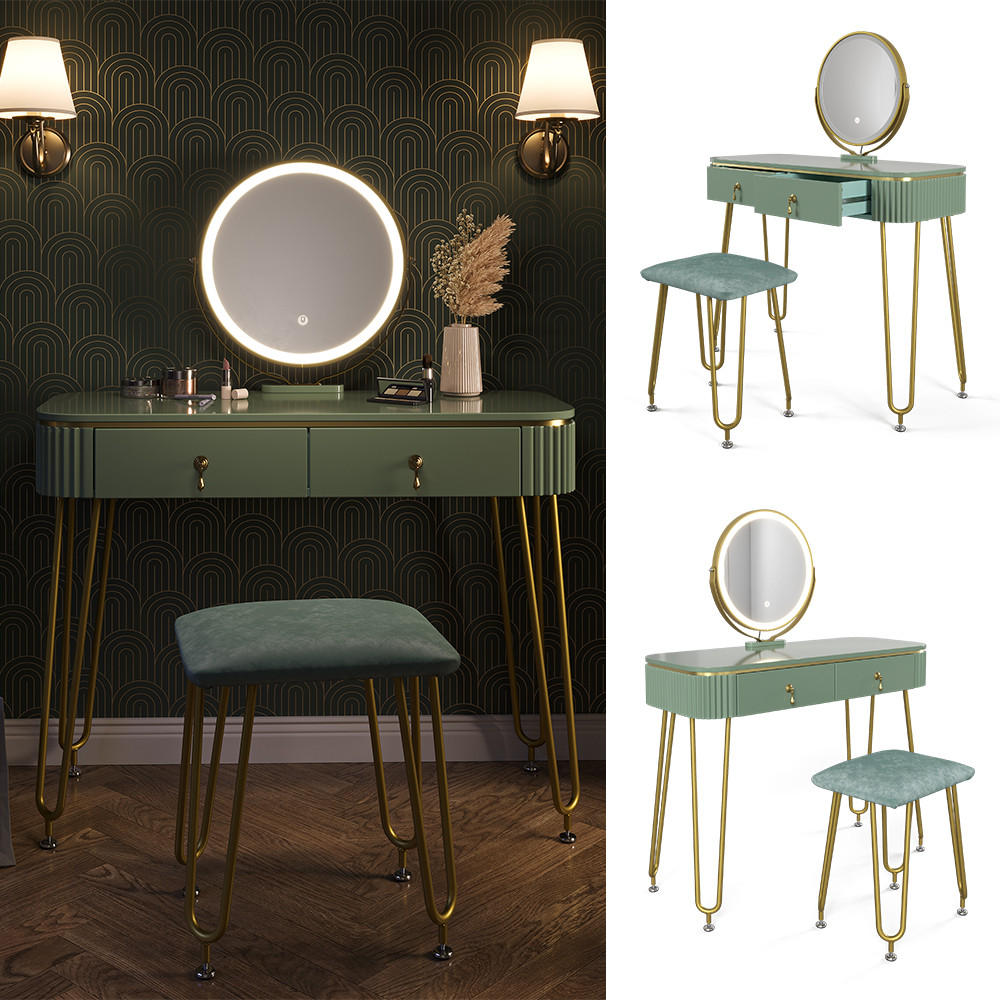 SCHMINKTISCH Grace Grün 100 cm mit LED Beleuchtung und Hocker - Grün, Holzwerkstoff (100/126/40cm) - Vicco