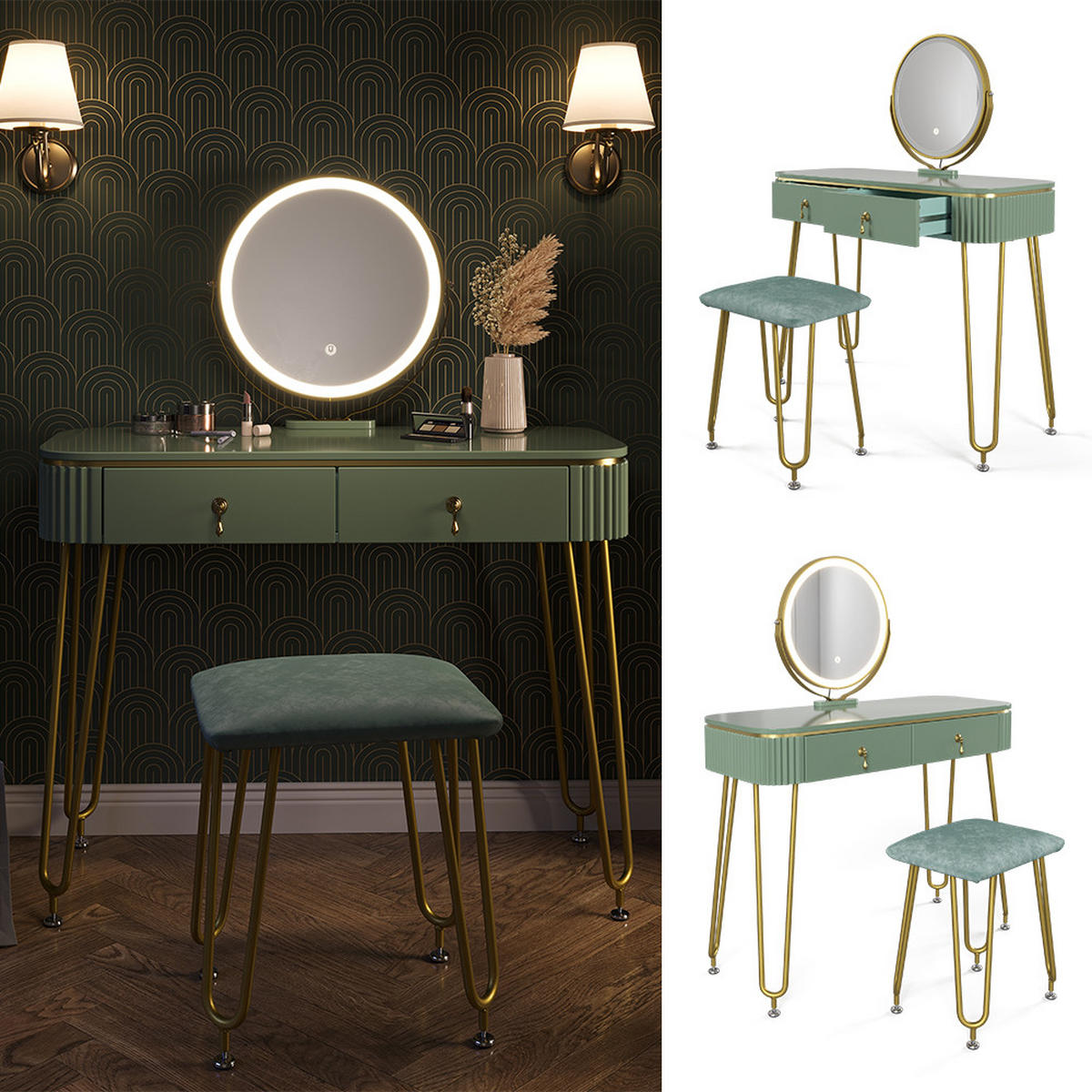 SCHMINKTISCH Grace Grün 100 cm mit LED Beleuchtung und Hocker - Grün, Holzwerkstoff (100/126/40cm) - Vicco