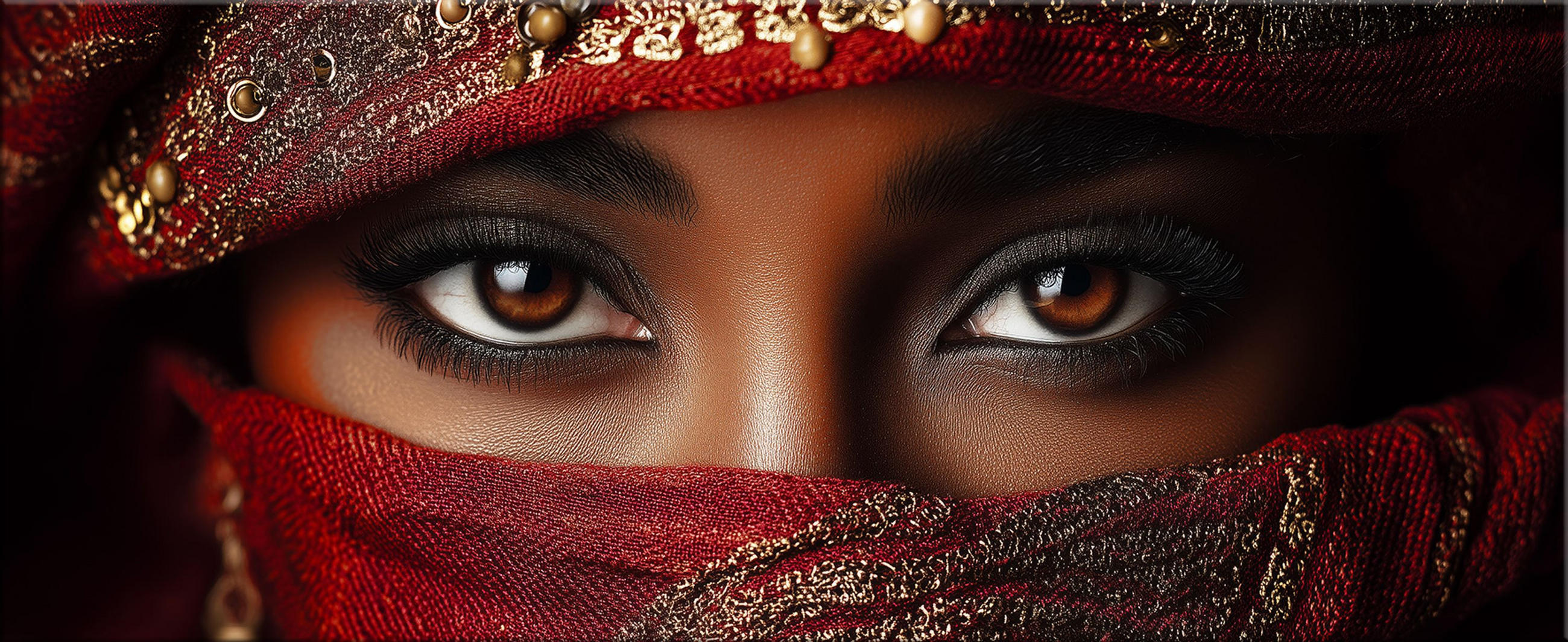 GLASBILD 125x50 cm Frau Tuareg rot gold - Goldfarben, Glas (125/50cm) - artissimo