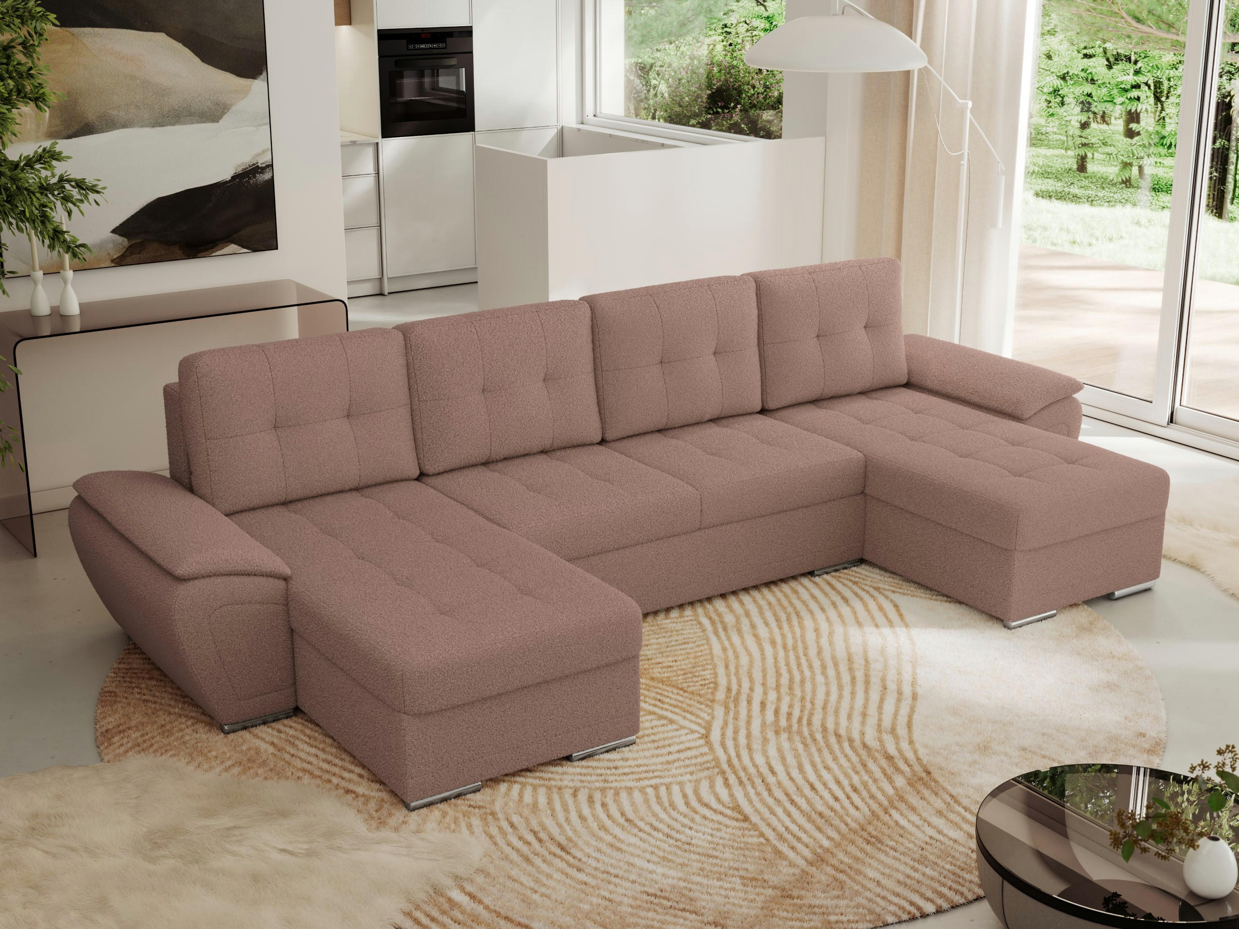 WOHNLANDSCHAFT UMBRIA U Rosa Boucle - Rosa/Grau, Textil/Metall (336/85/157cm) - MKS