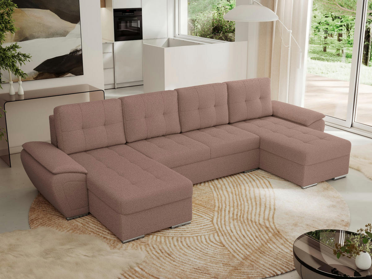 WOHNLANDSCHAFT UMBRIA U Rosa Boucle - Rosa/Grau, Textil/Metall (336/85/157cm) - MKS