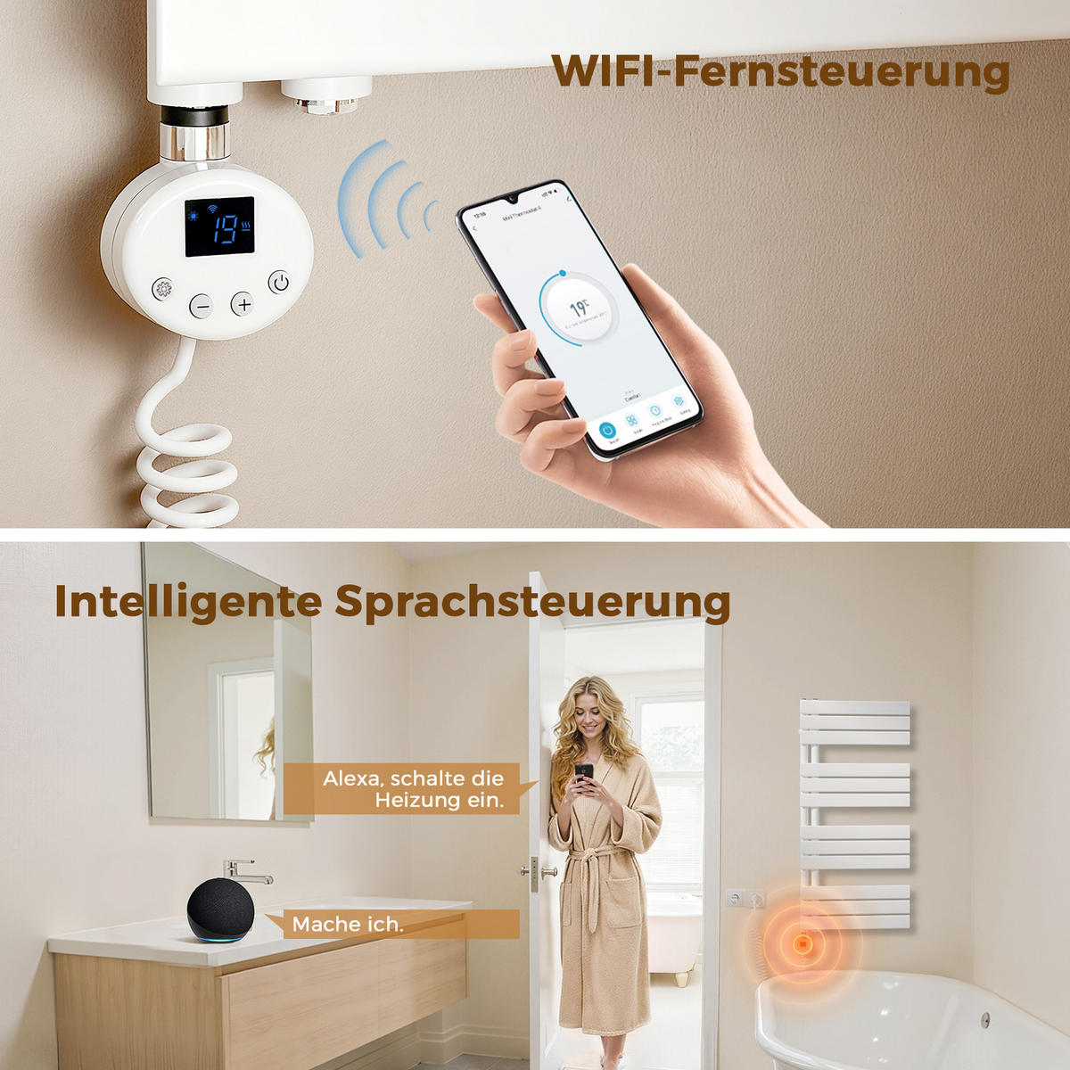HEIZSTAB 900 W Weiß mit WLAN-Thermostat G1/2" für Handtuchheizkörper und Badheizkörper - Weiß, Metall (6.9/83/6.2cm) - S'AFIELINA