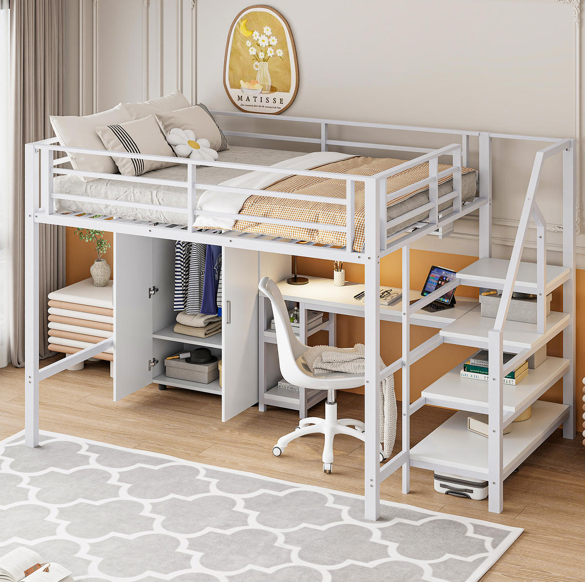 VYSOKÁ postel 255/145/160 cm bílá se skříní a psacím stolem z kovu a MDF - bílá, kov (140/200cm) - OKWISH