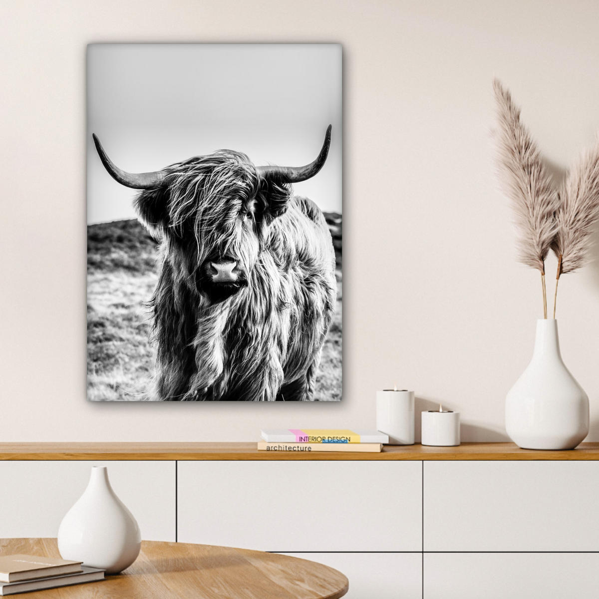 OBRAZ NA PLÁTNĚ Kráva - Skotský horal - Černá - Bílá - Zvíře - Příroda - Divoká zvěř 60x80 cm - černá, textil (60/80cm) - MuchoWow