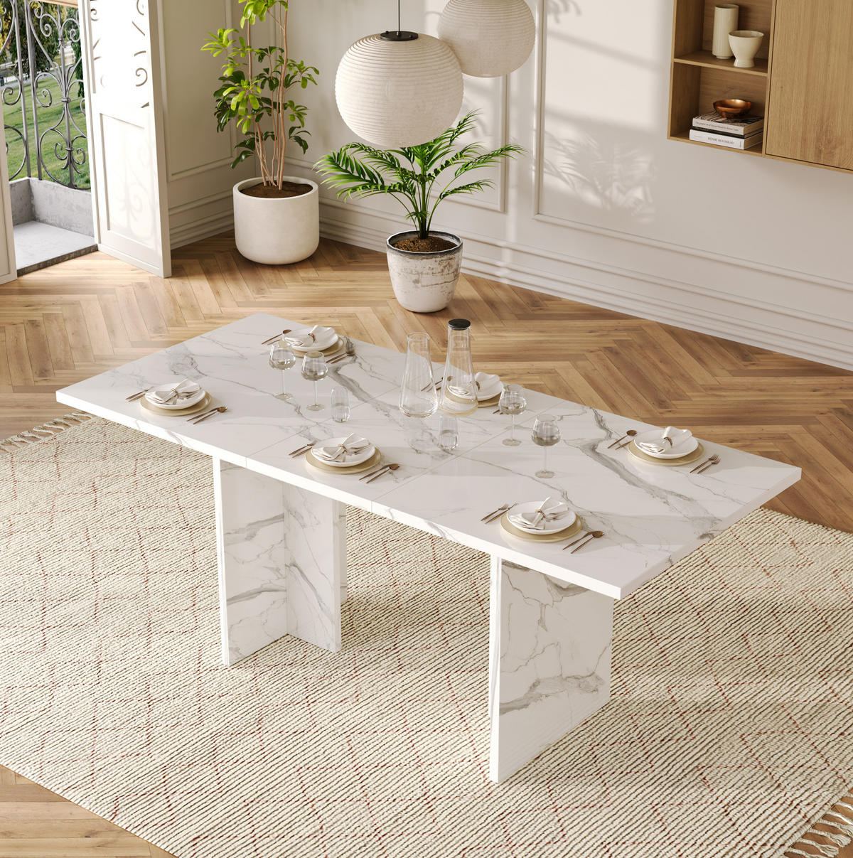 ESSTISCH aus MDF 180x80x75 cm Weißer Marmor ausziehbar für 6-8 Personen mit 30 mm starker Tischplatte - Weiß, Holzwerkstoff (180/80/75cm) - Modfu