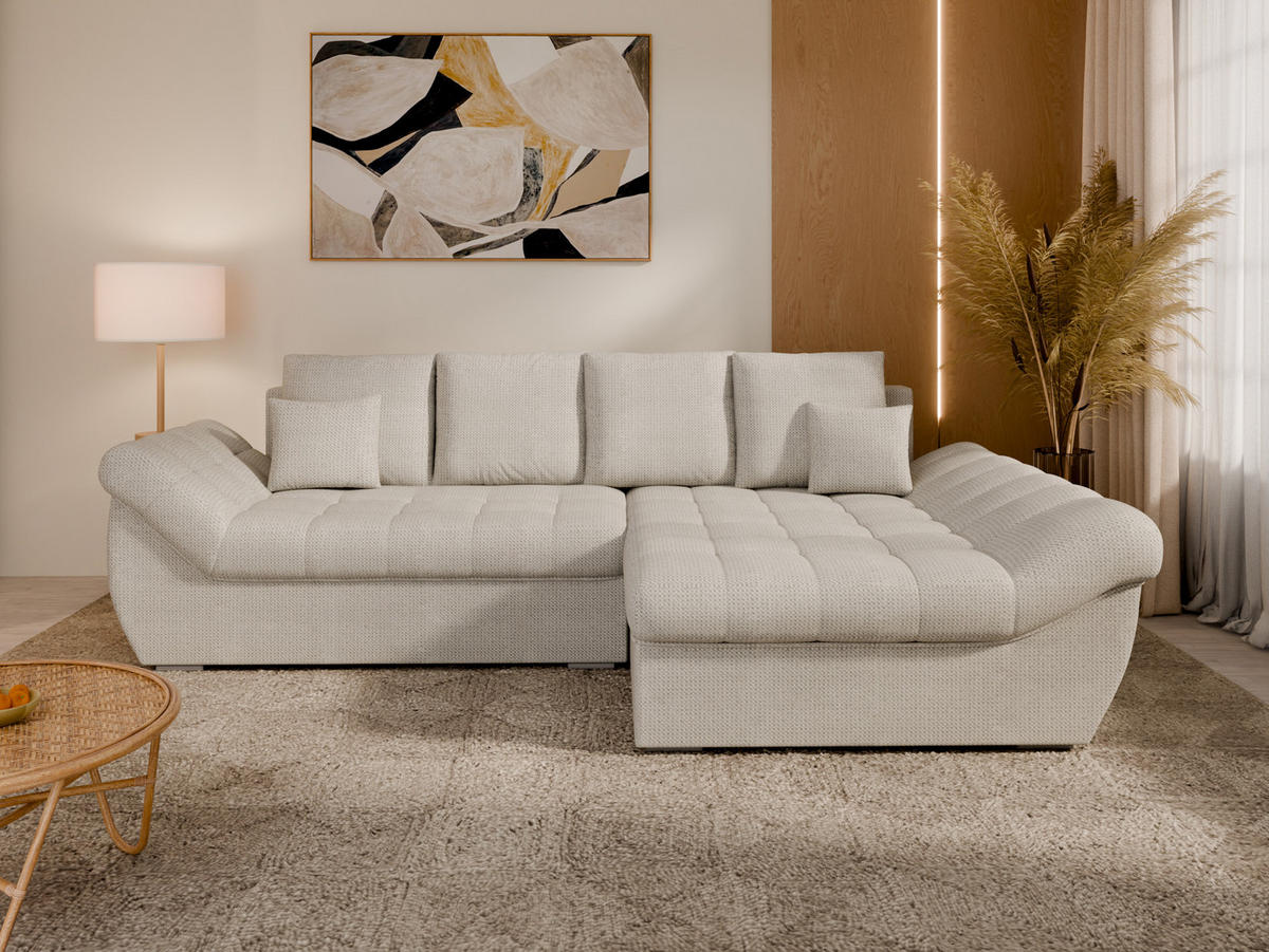 ECKSOFA ZAYA mit Schlaffunktion L-Form, Sofa mit Bettkasten, Wohnzimmersofa, Couch, Soffa, Bettsofa, RECHTS- Creme - Creme, Holz (279/175cm) - Homesy