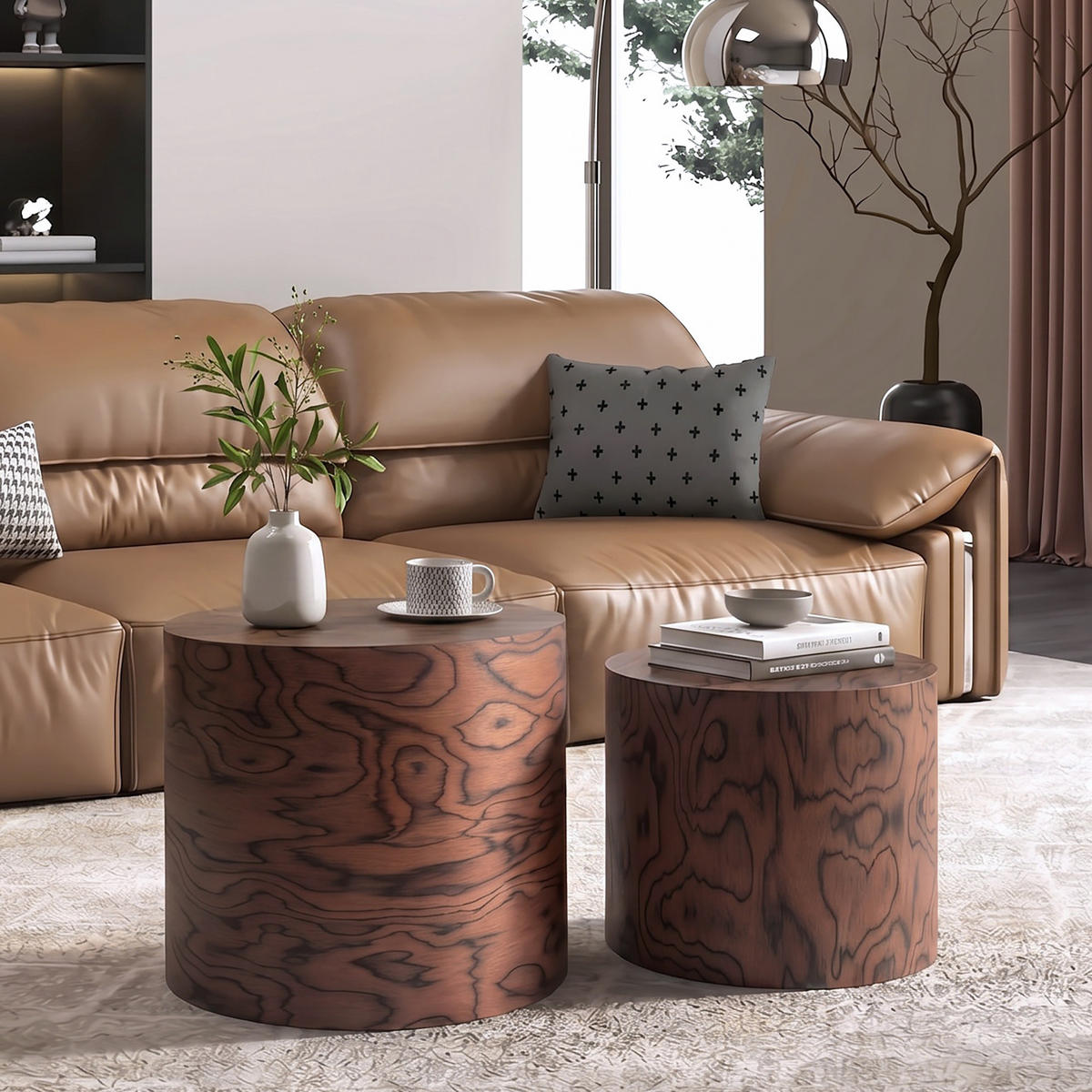 COUCHTISCH-SET DE-37321 2er-Set rund mit Baumstamm-Optik und Wirbelmaserung Braun - Dunkelbraun, Holzwerkstoff (48/48/38cm) - ComfortXL