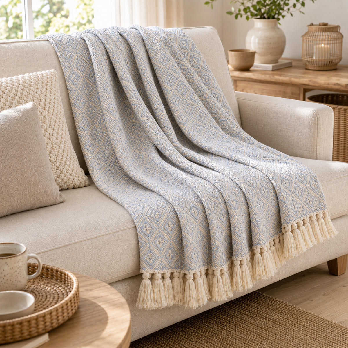 WOHNDECKE Baumwolle 130x180 cm Mit Fransen – Light Blue/Natural - Blau, Naturmaterialien (130/180cm) - AU Maison