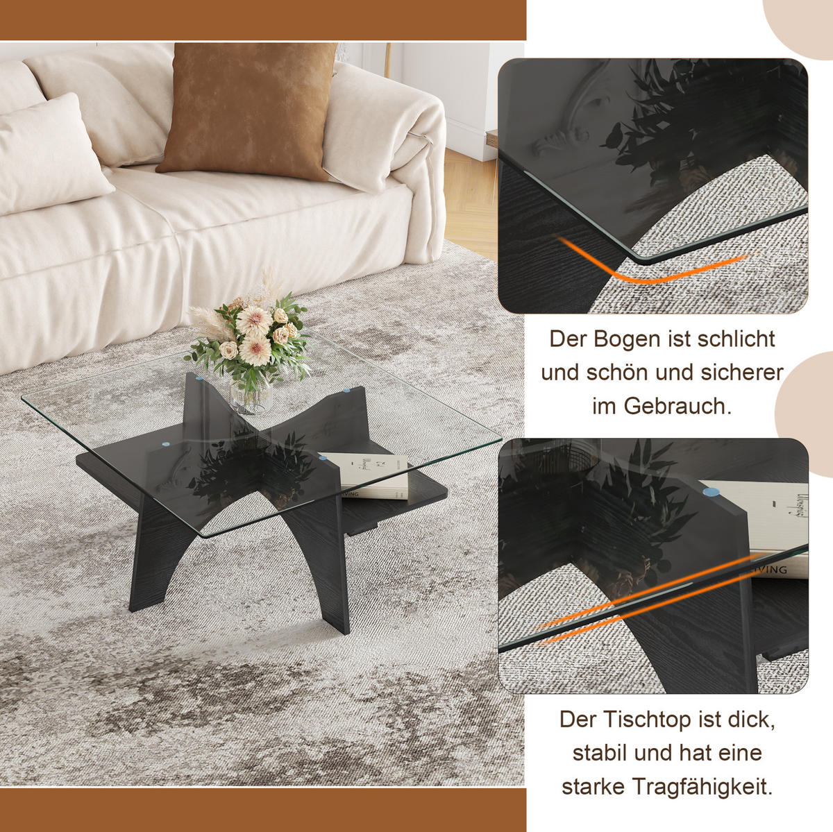 COUCHTISCH 80/80/40 cm mit Ablagefach und Sicherheitsglasplatte, MDF in schwarzer Holzoptik/Transparent - Schwarz, Holzwerkstoff (80/80/40cm) - Redom