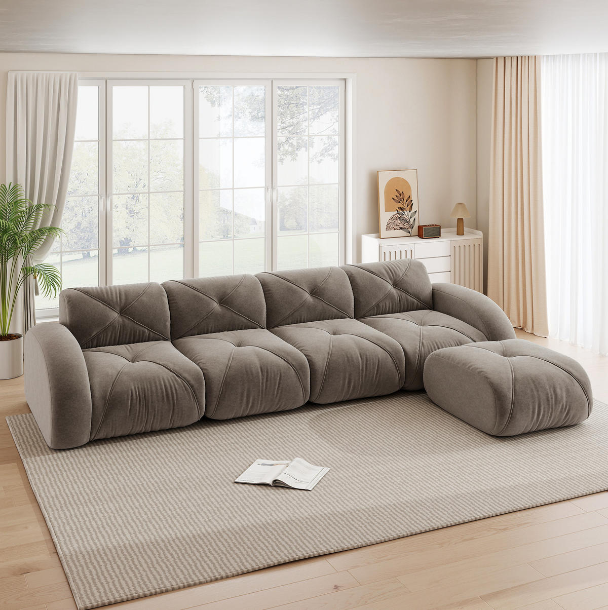 SOFA modular Chenille Brown 4-Sitzer mit Hocker - Braun, Kunststoff (171/358cm) - Meubliv