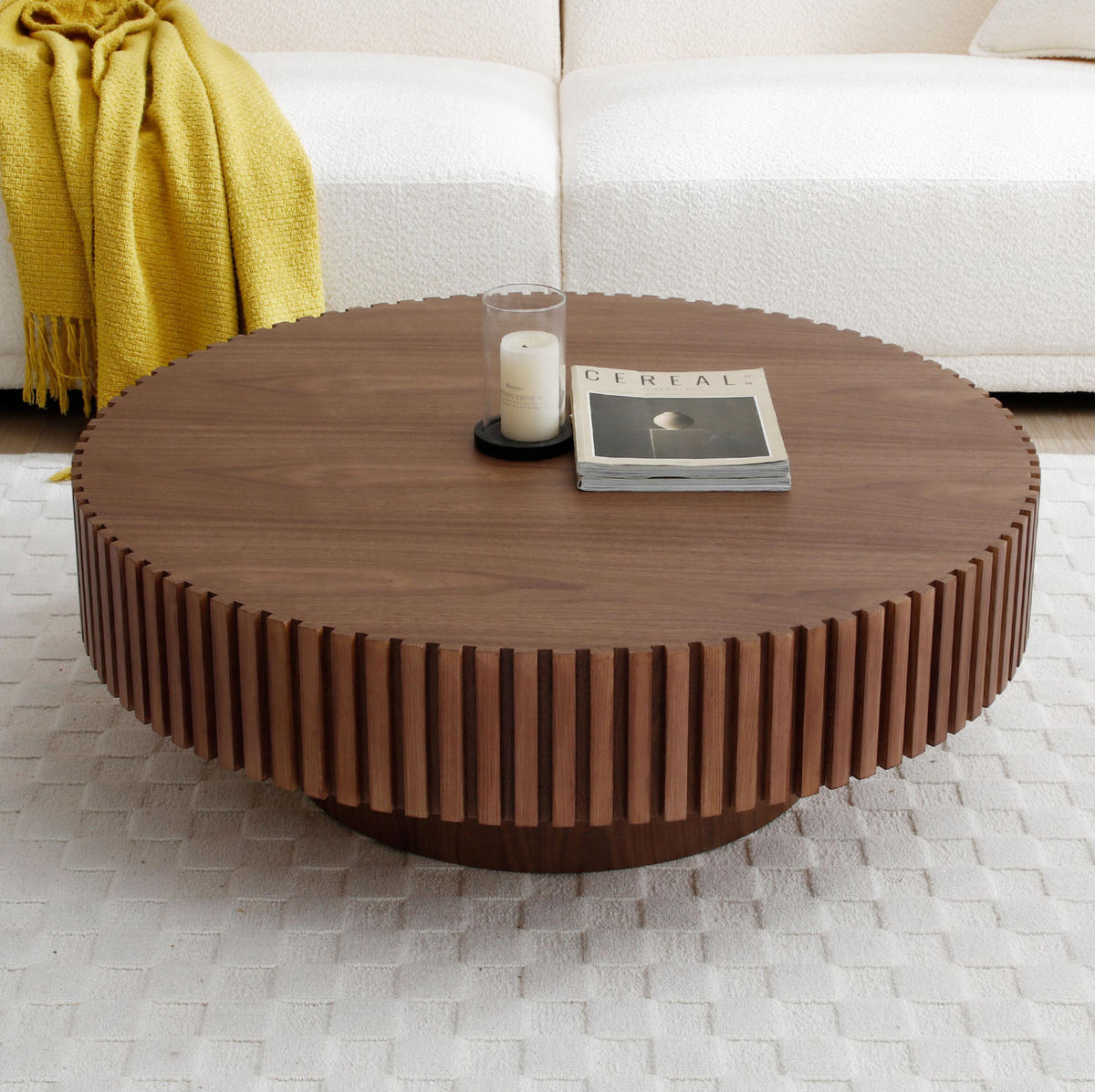 COUCHTISCH 87/87/25 cm rund aus MDF mit Rillendetail und pflegeleichter Oberfläche, Walnuss - Walnussfarben, Holzwerkstoff (80/80/35cm) - Redom