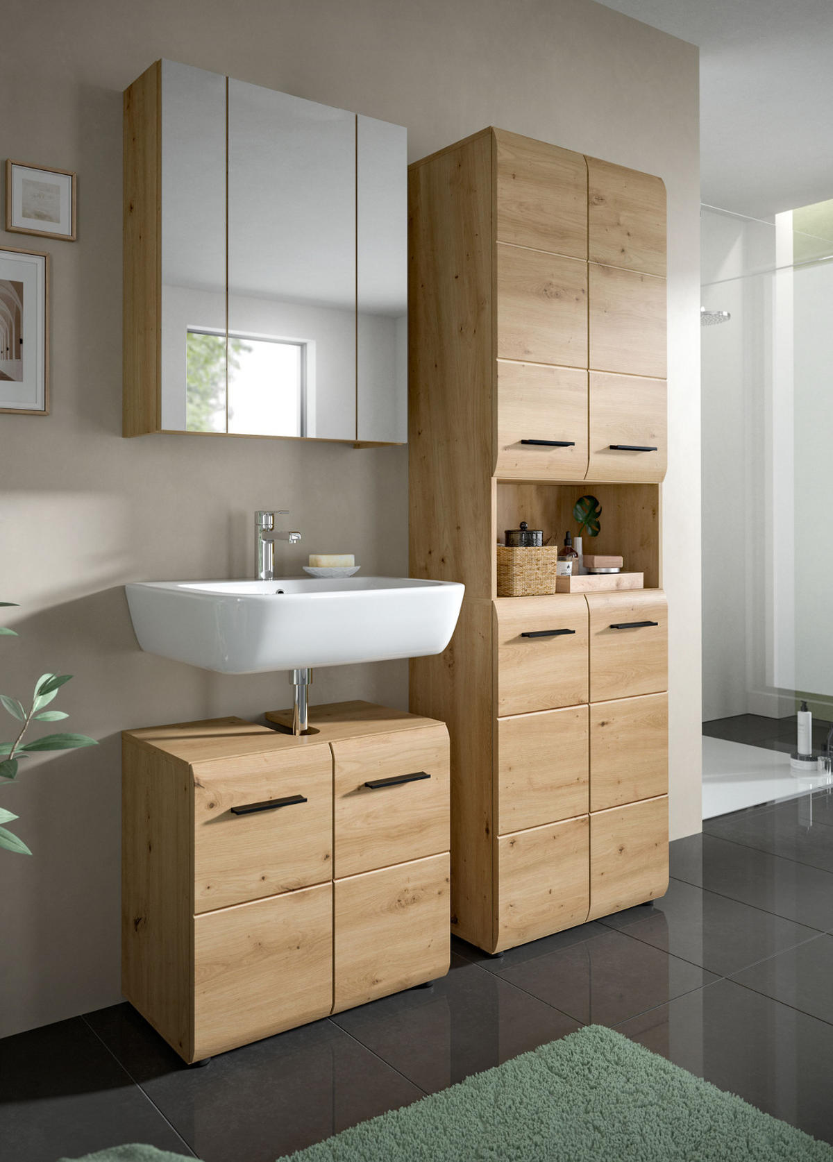 BADMÖBEL SET 3-teilig in Artisan Eiche, Badkombination 135 x 185 cm, Cover - Schwarz/Eiche Artisan, Glas/Holzwerkstoff (135/185/30cm) - Inn.Furn