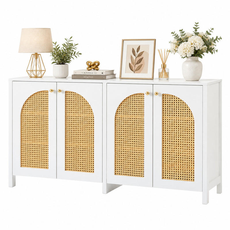 SIDEBOARD 4-türig mit Kunst-Rattan Weiß - Weiß, Holzwerkstoff (145/40/80cm) - Meubliv