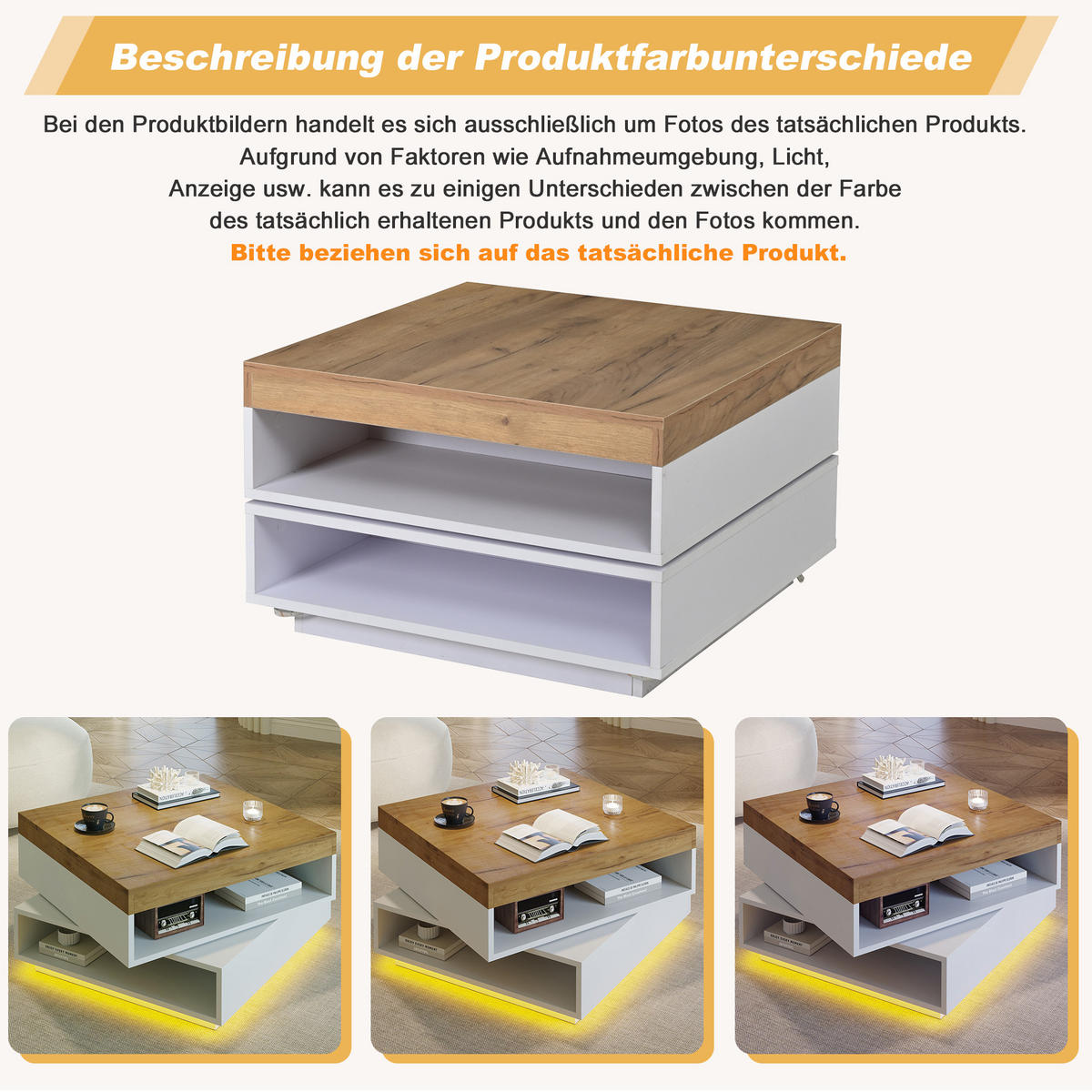 COUCHTISCH 65/65/40 cm mit LED-Beleuchtung und 360° drehbarer Tischplatte - Weiß, Holzwerkstoff (65/65/40cm) - Flora Grace