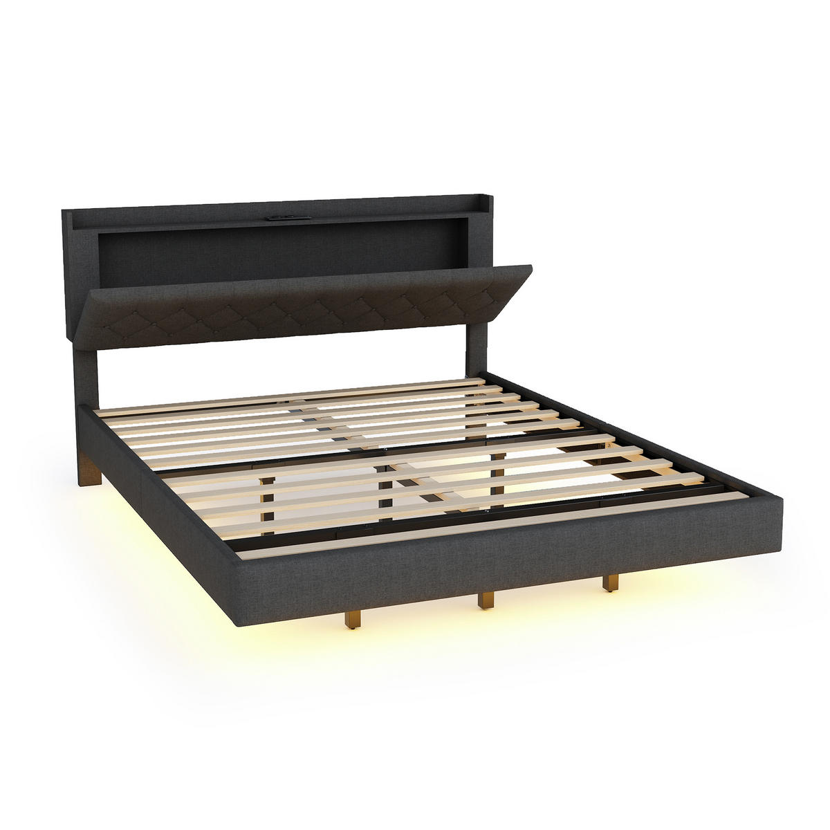 POLSTERBETT 160/200 cm grau mit USB-Ladeanschluss und LED-Farbwechsel-Lichtleiste - Grau, Textil (160/200cm) - OKWISH