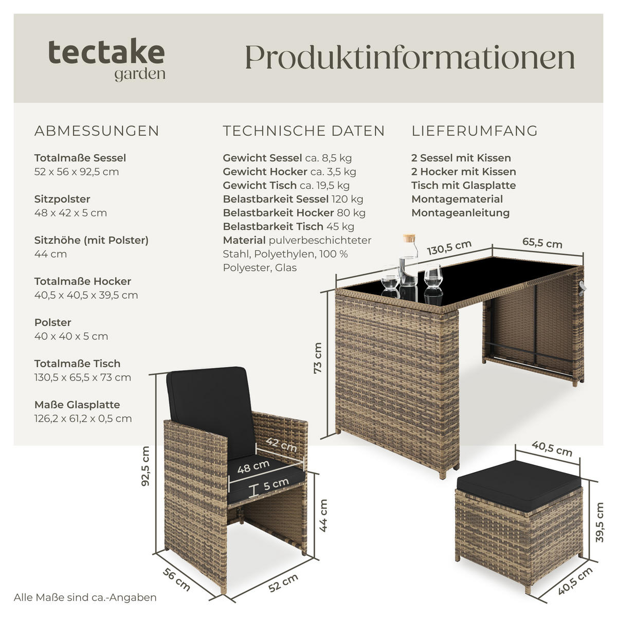 RATTAN SITZGRUPPE Palermo,inklusive Flaschenöffner, zusammenschiebbar,natur - Naturfarben, Kunststoff - tectake