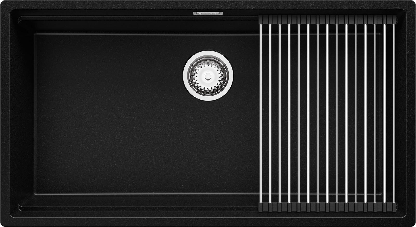 SPÜLBECKEN Praga Slim, 2-er set Schwarz 86/47 cm 1 Becken + Ablauf-Set + Aufrollbare Abtropffläche ab 90er Unterschrank - Chromfarben/Schwarz, Kunststoff (86/20/47cm) - Primagran