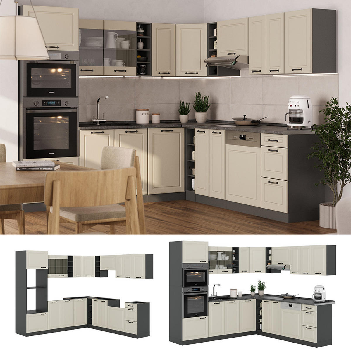 ECKKÜCHE R-Line, Sand Landhaus/Anthrazit, 247 x 237 cm - Beige/Anthrazit, Holzwerkstoff (247/206.8/46cm) - Vicco