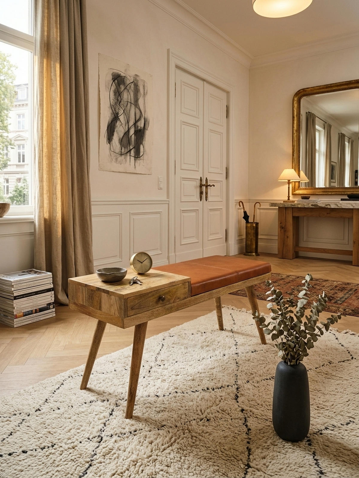 SITZBANK Retro Stil Stauraum Ziegenleder Bezug, Braun 100x38x52 cm - Braun, Leder/Holz (100/52/38cm) - KADIMA DESIGN