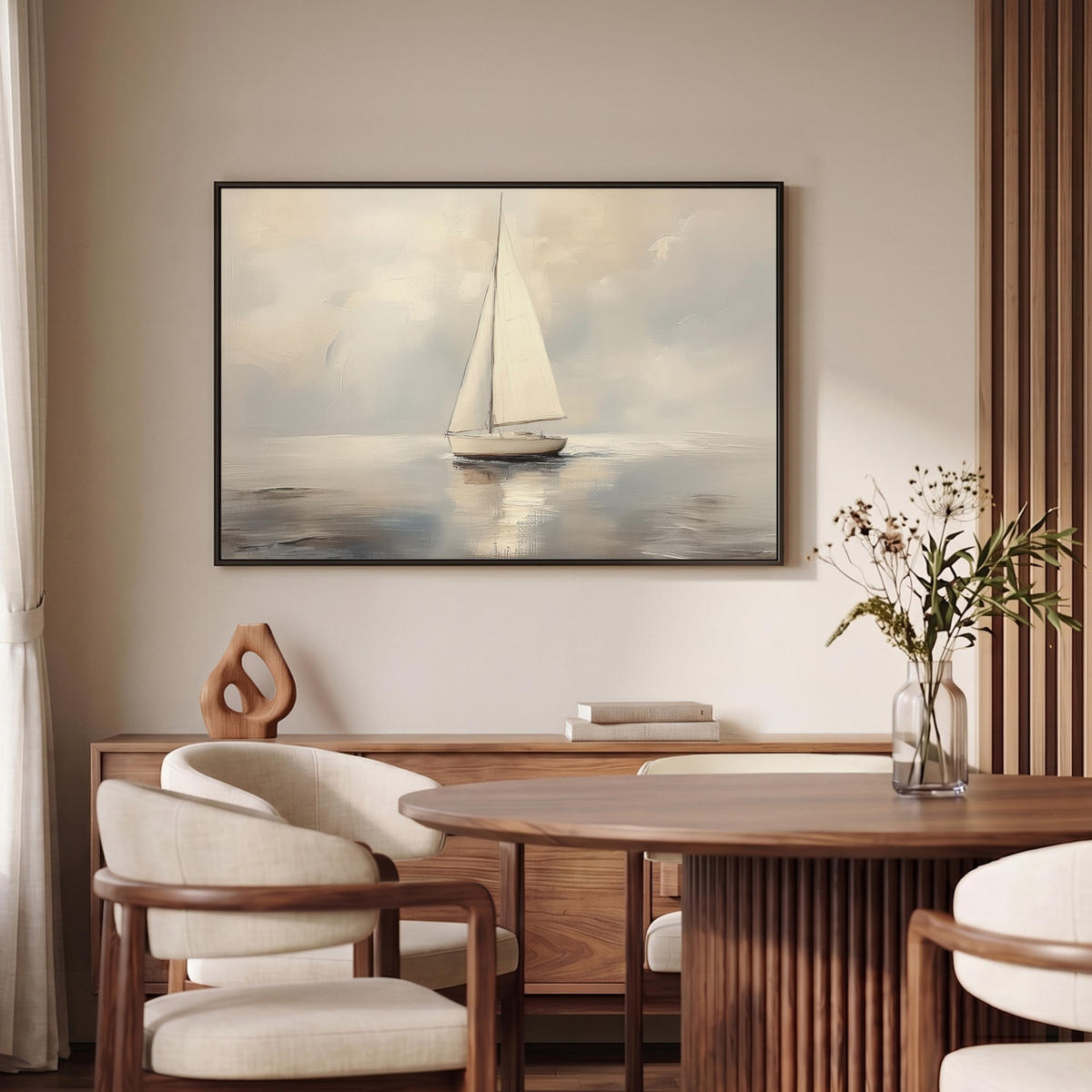 LEINWAND Bilder mit Rahmen - Segelschiff - Meer - Bewölkt - 90x60 - Creme, Textil (90/60cm) - MuchoWow