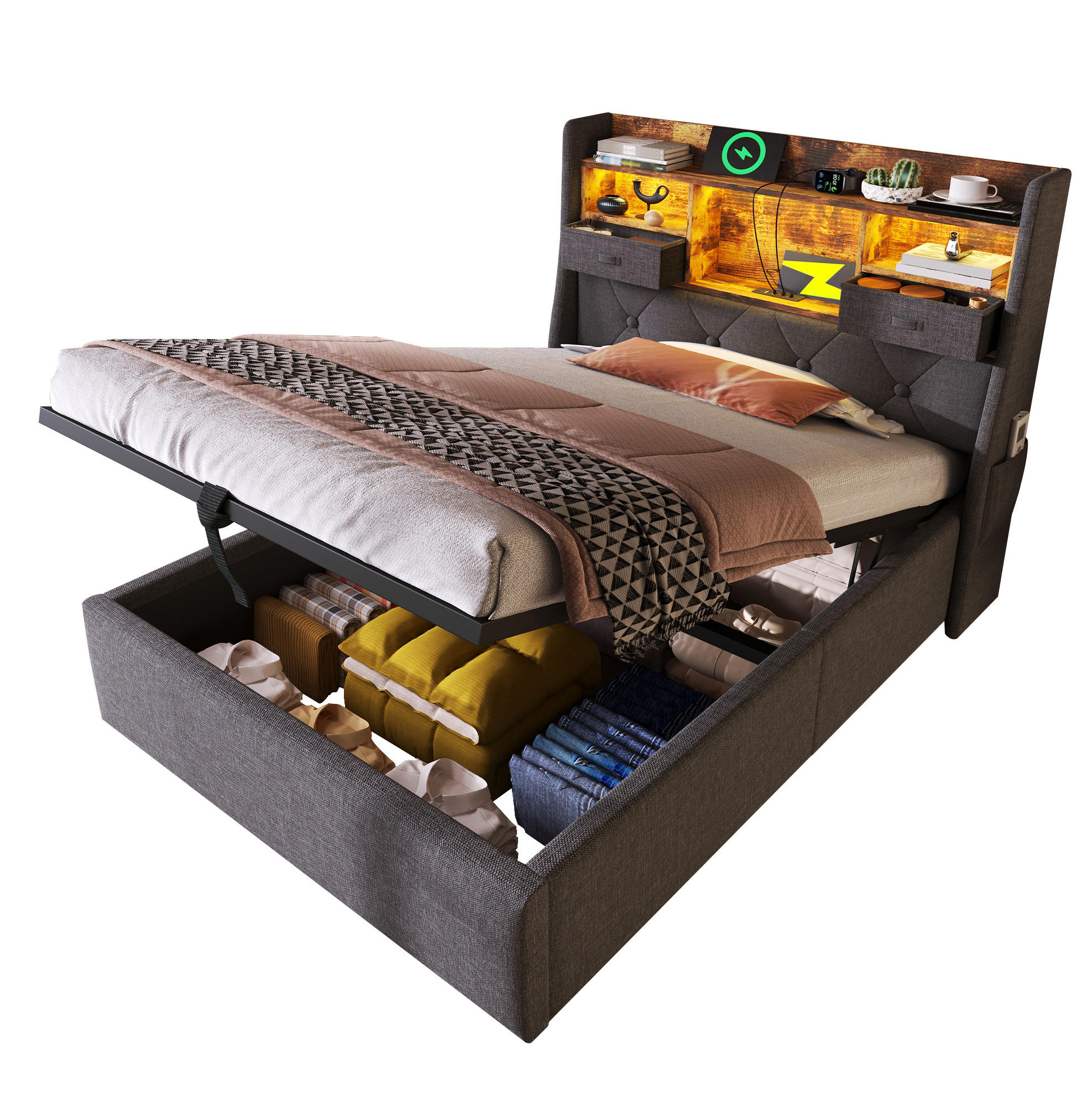 POLSTERBETT 90/200 cm Grau aus Leinen mit Stauraum - Grau, Textil (90/200cm) - OKMYHOME