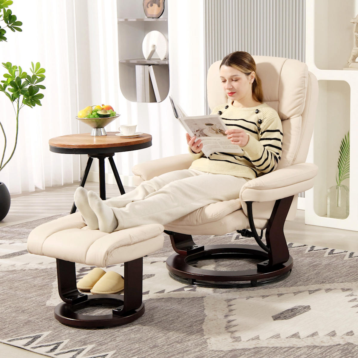 RELAXSESSEL mit Hocker drehbarer Fernsehsessel mit Liegefunktion Taschenfeder - Creme, Leder (83/107/86cm) - HOMCOM