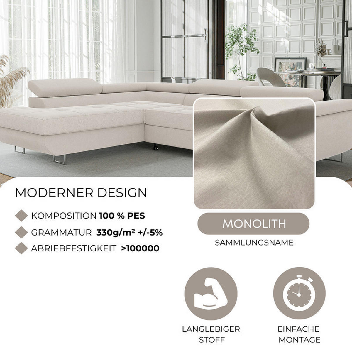 ECKSOFA ANTON links, mit Schlaffunktion und Bettkasten Creme - Creme, Holzwerkstoff/Kunststoff (274/203cm) - Idohome