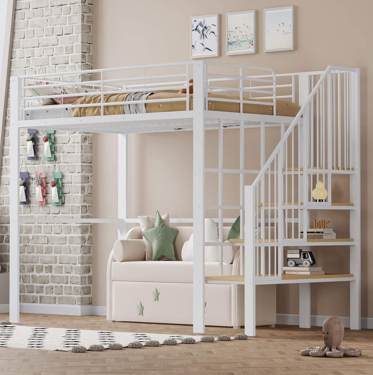HOCHBETT 140/200 cm Weiß aus Metall und Holz mit Treppe - Weiß, Metall (140/200cm) - OKMYHOME