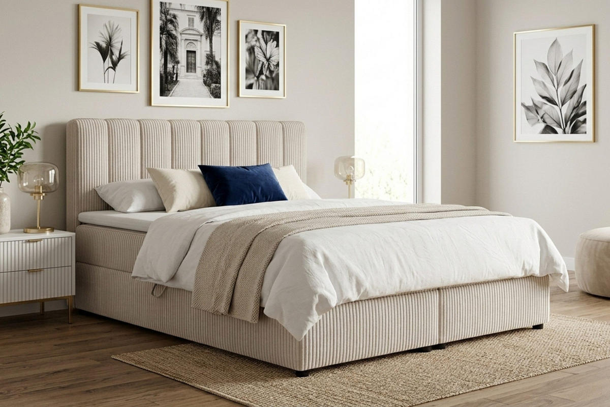 BOXBETT WILL 140/200 in Cord Ecru H3 - Ecru, Holz/Holzwerkstoff (140/200cm) - Deine Möbel 24