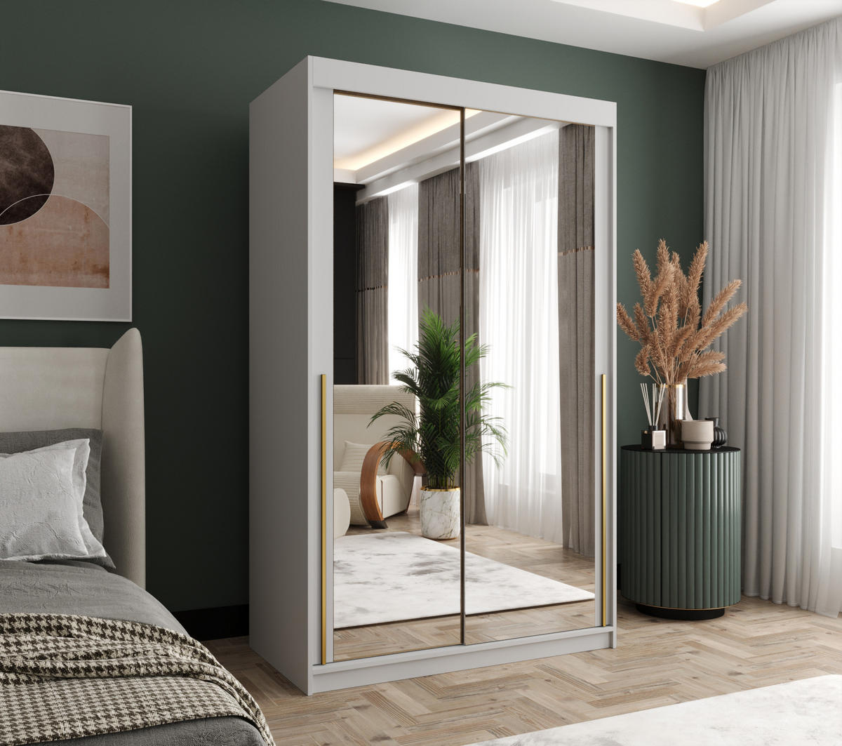 SCHWEBETÜRENSCHRANK mit Spiegel 120 cm Breite, weiß mit goldenem Griff - Goldfarben/Weiß, Holzwerkstoff (120/200/62cm) - Home Collective