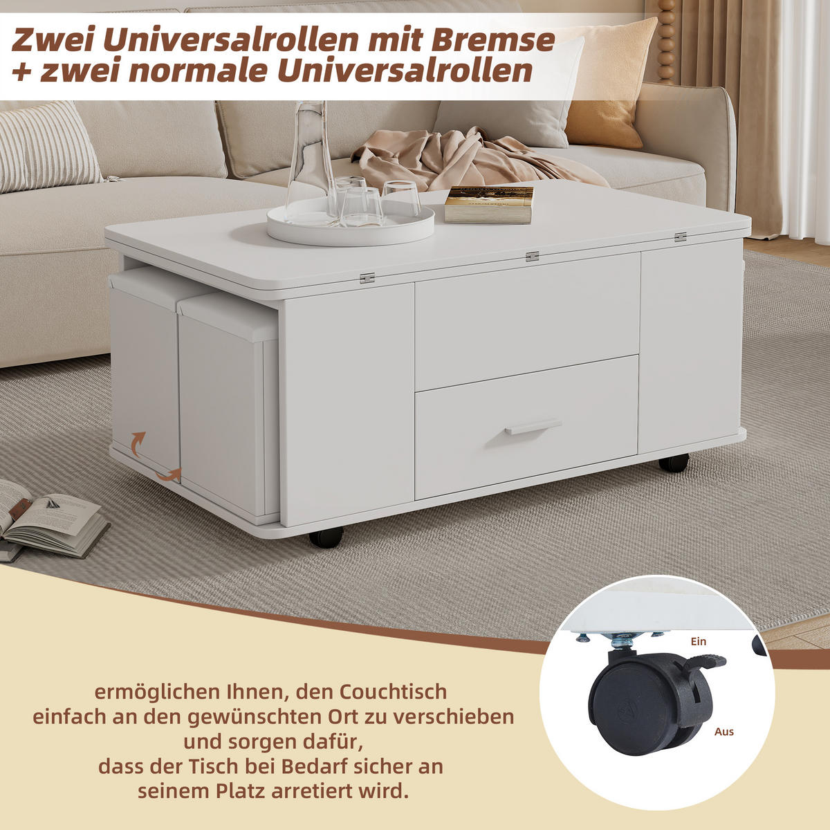 COUCHTISCH Höhenverstellbar 4-in-1 Weiß mit Schubladen 4 Hocker - Weiß, Holzwerkstoff (100/50/45cm)