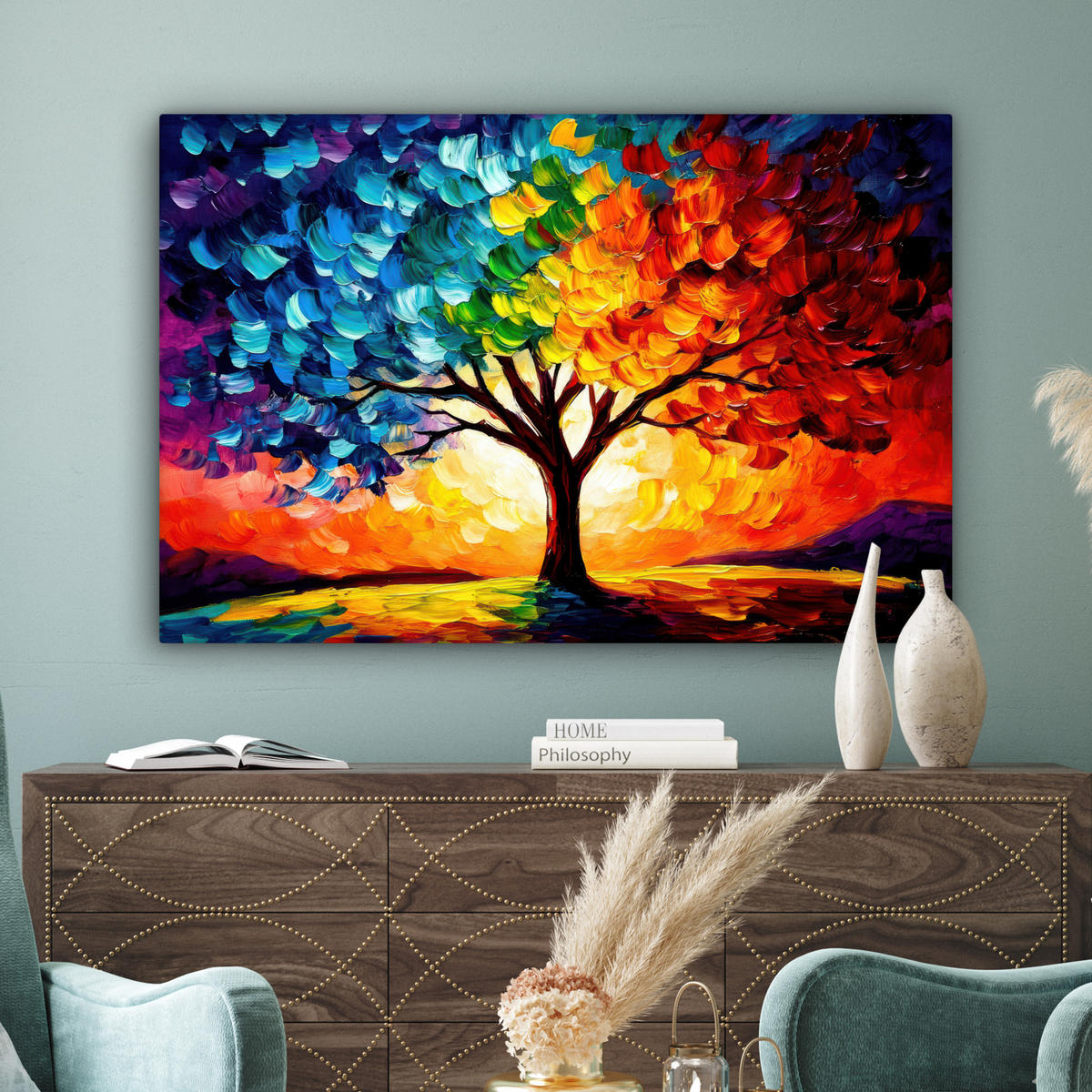 LEINWANDBILD - Baum - Kunst - Natur - Sonnenuntergang - 120x80 - Kunstdruck - Multicolor, Textil (120/80cm) - MuchoWow