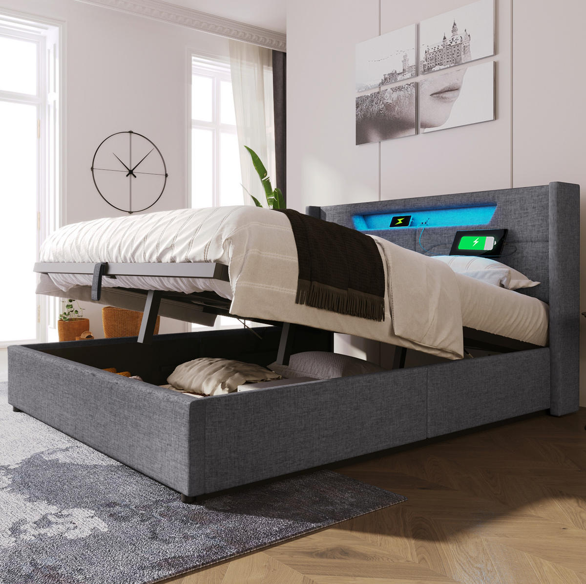 POLSTERBETT 140/200 cm mit LED-Beleuchtung, USB- und Type-C-Anschluss, Bettkasten und Leinenbezug, Grau - Grau, Textil (140/140cm) - Redom