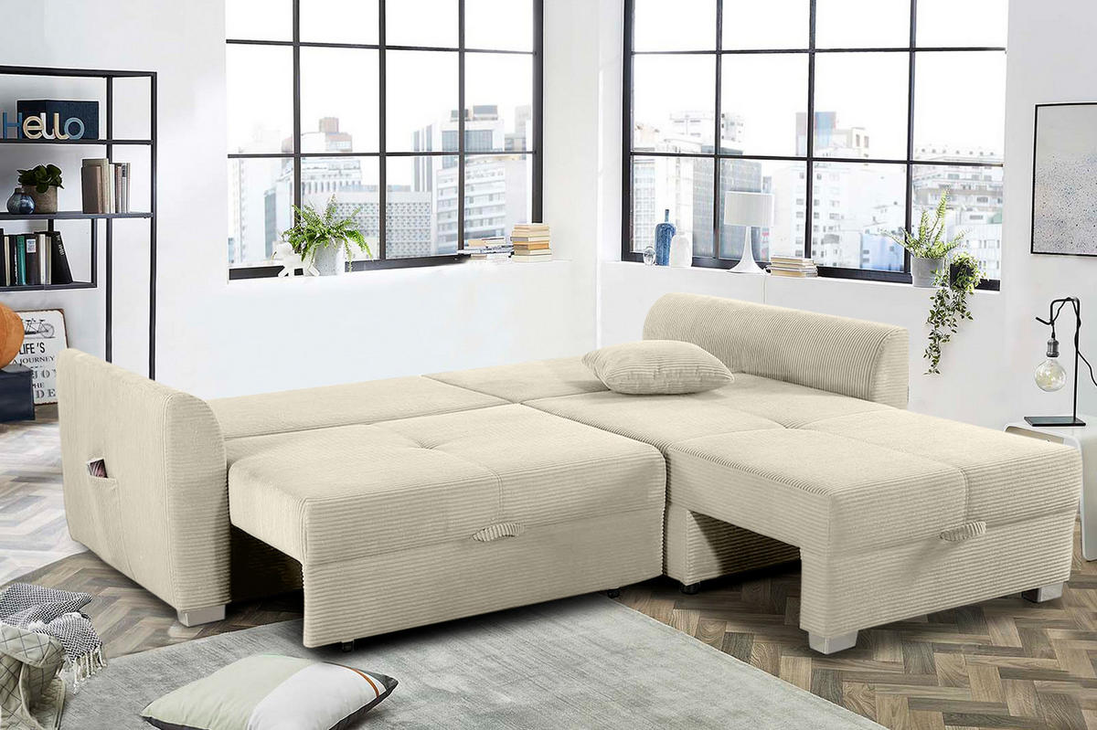 ECKSOFA mit Schlaffunktion und Bettkasten, seitenverkehrt montierbar B236/T160/H81 cm, Liegefl. 142x202 cm, Cord Grau Beige / 15201 - Chromfarben/Greige, Kunststoff/Textil (236/160cm) - luma-home