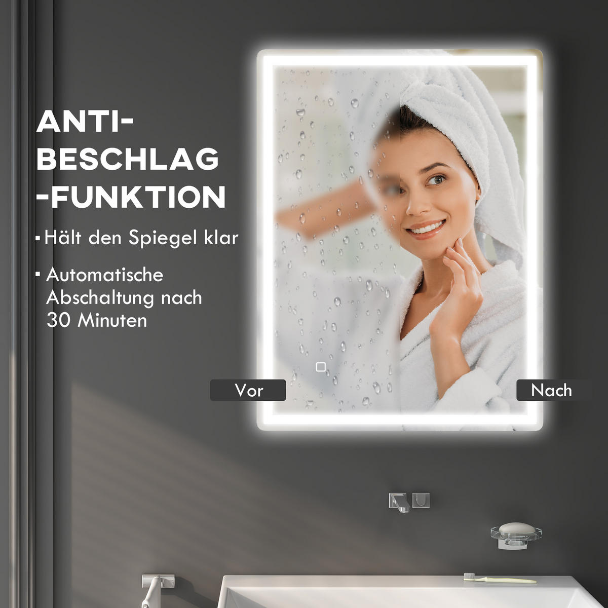 BADSPIEGEL, mit Touchschalter, Memory-Funktion, beschlagfrei, Wasserdicht - Silberfarben, Glas (60/4/80cm) - HOMCOM