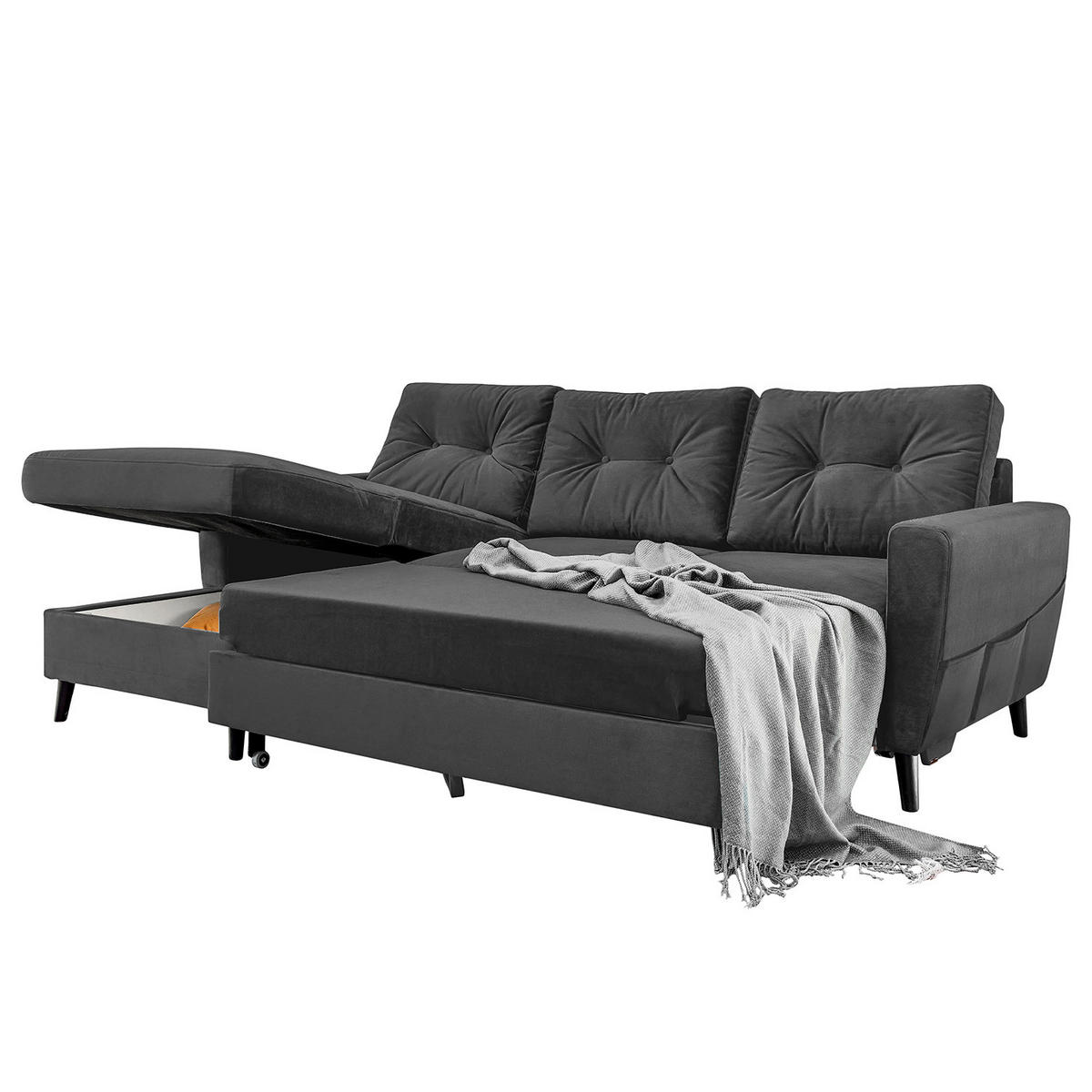 ECKSOFA mit Longchair - Dunkelgrau/Schwarz, Buchenholz/Textil (233/148cm) - home24