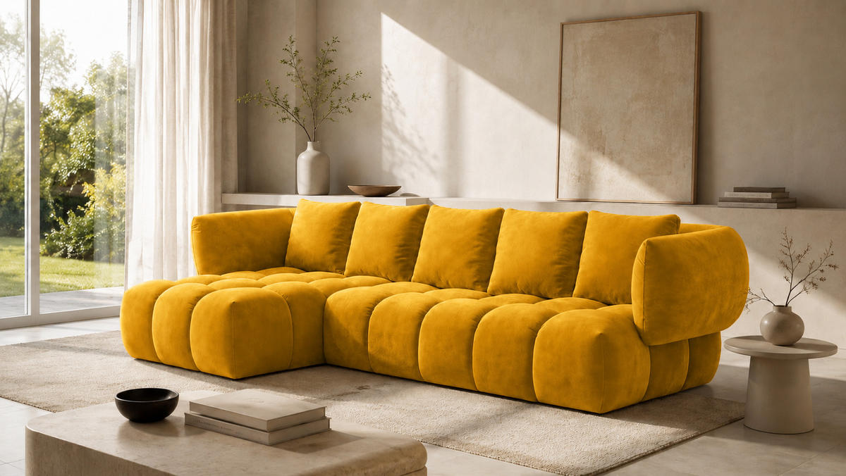 ECKSOFA L-Form, Veloursstoff Bluvel, Golden, Links, SEVIO L - Goldfarben, Holz (242/175cm) - Kaiser Möbel